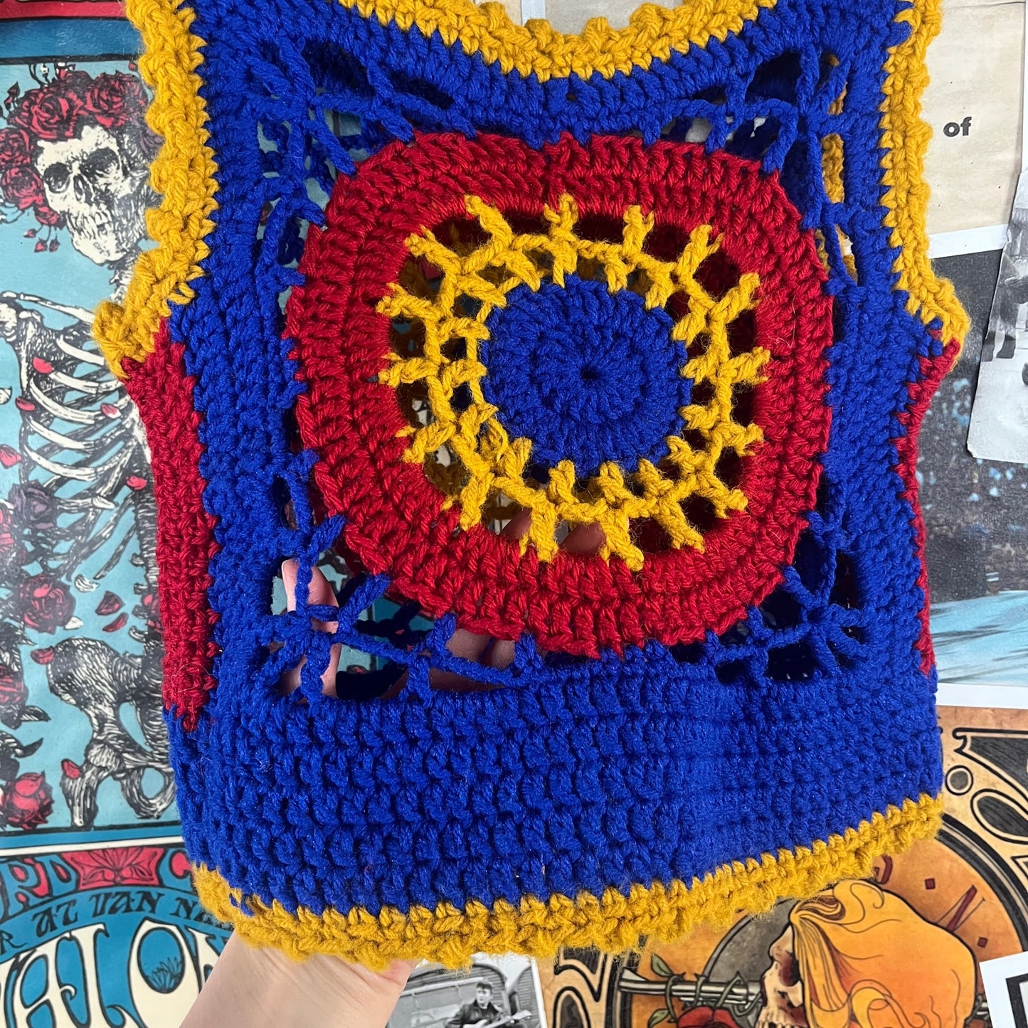 Vintage Girls Kids 70s Retro Handmade Crochet Knit Afghan Sleeveless Tank Top Vest Size 6X-7