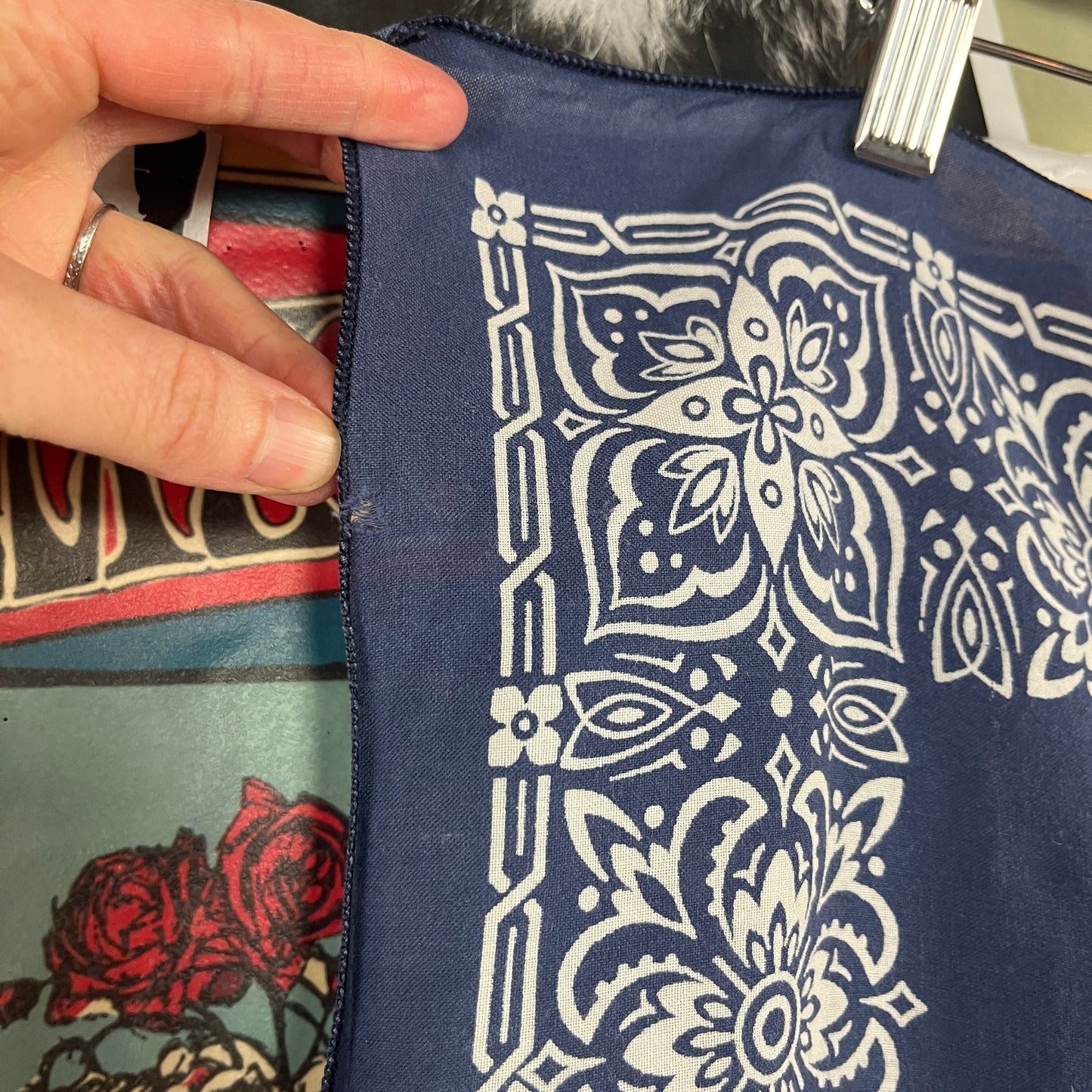 Vintage 50s-60s Indigo Blue White All Cotton Paisley Floral Print Rockabilly Western Fast Color RN 14193 USA Bandana Handkerchief Hanky