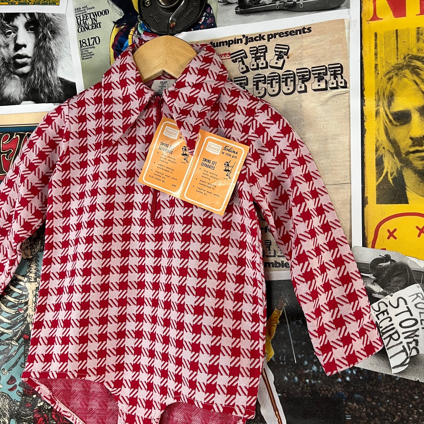 Vintage Toddler Girls Kids Retro Deadstock 70s Red White Check Plaid Sears Roebuck Swing Set Separates Long Sleeve Collared Onesie Bodysuit 2T