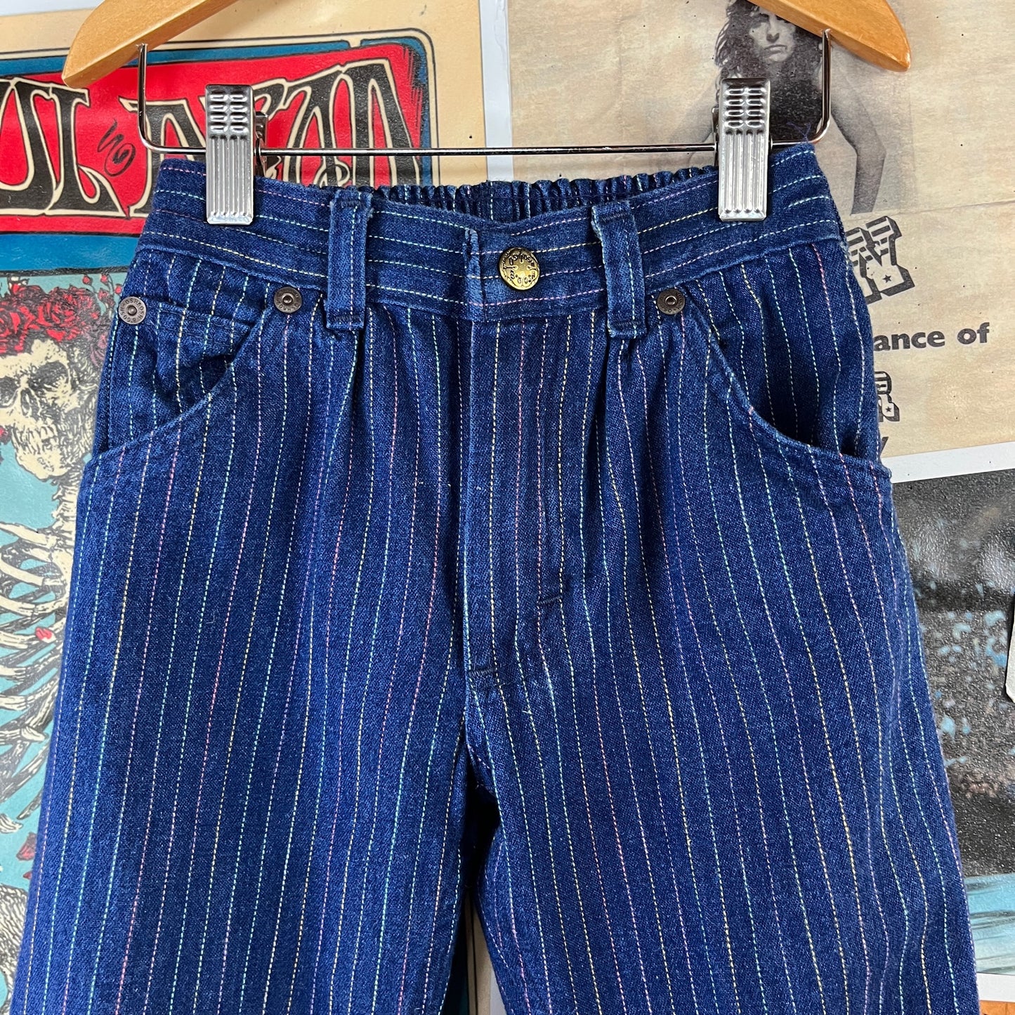 Vintage Toddler Girl Kids 80s Rainbow Pintripe Denim OshKosh B'Gosh Elastic Waist Denim Jeans 4T
