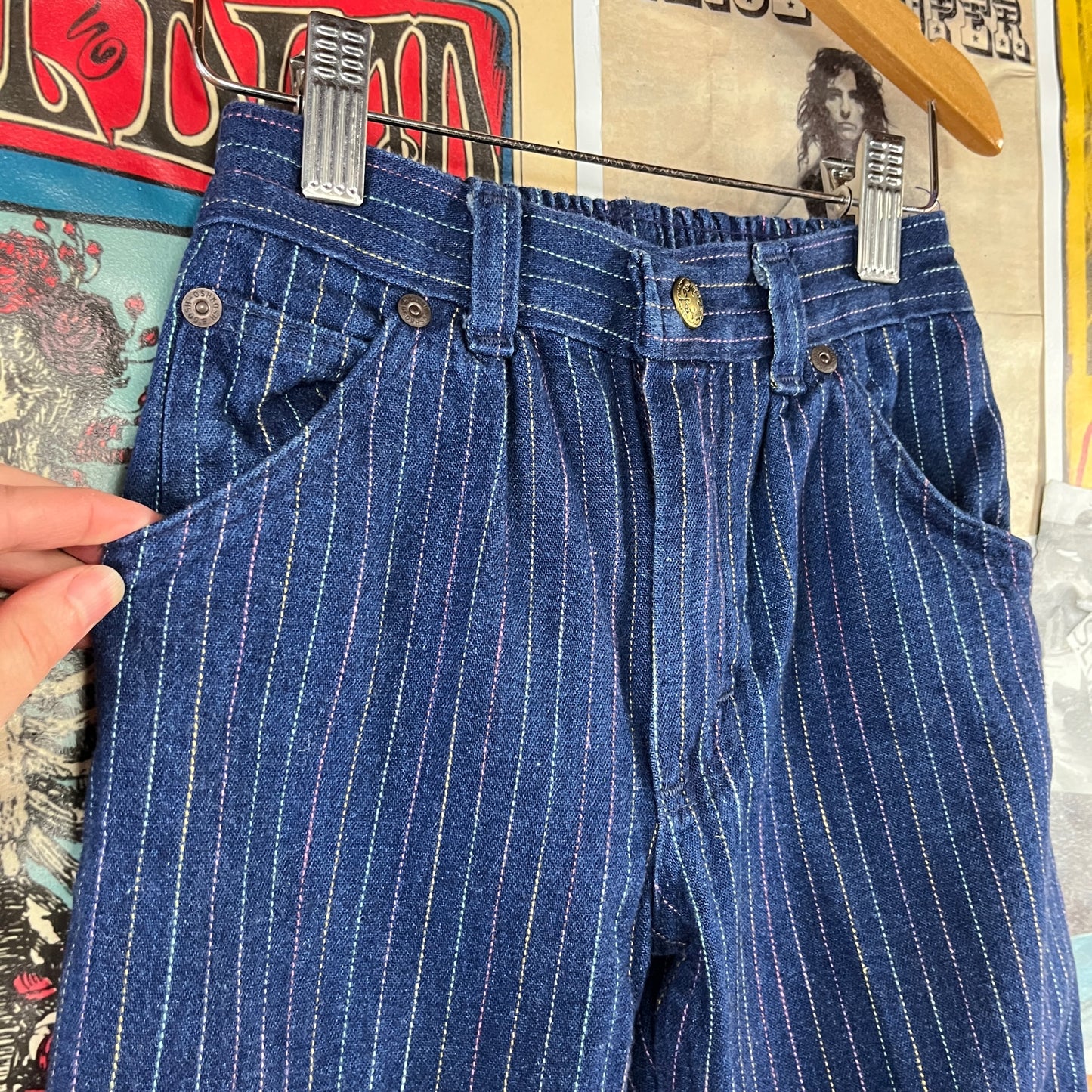 Vintage Toddler Girl Kids 80s Rainbow Pintripe Denim OshKosh B'Gosh Elastic Waist Denim Jeans 4T