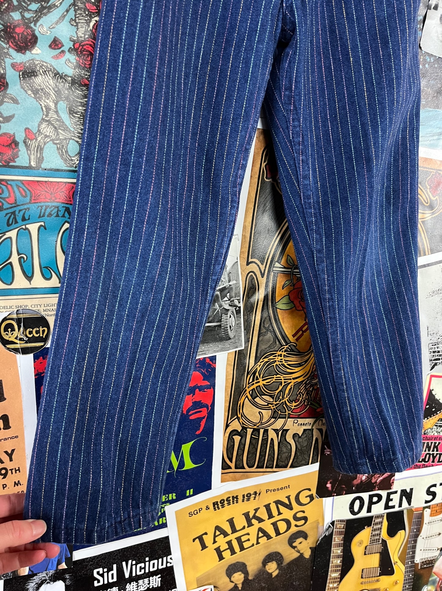 Vintage Toddler Girl Kids 80s Rainbow Pintripe Denim OshKosh B'Gosh Elastic Waist Denim Jeans 4T