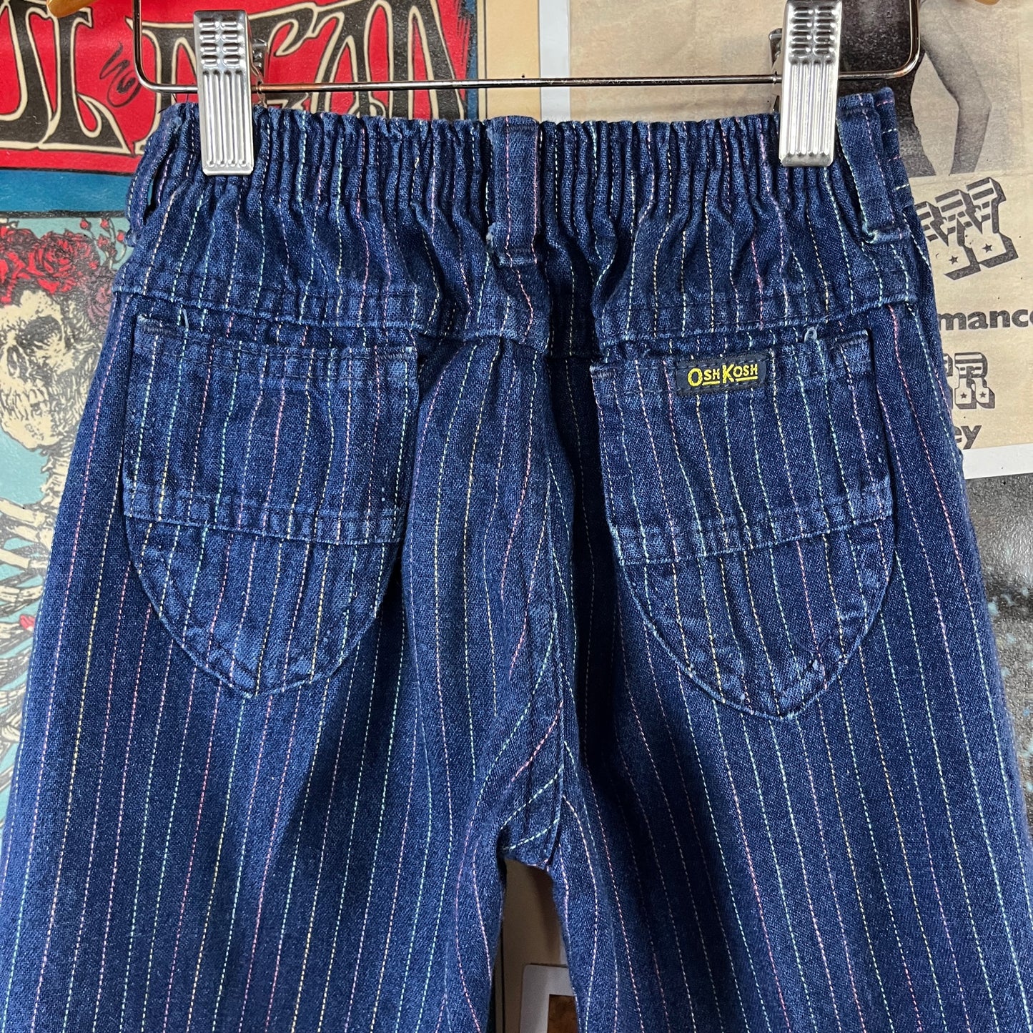 Vintage Toddler Girl Kids 80s Rainbow Pintripe Denim OshKosh B'Gosh Elastic Waist Denim Jeans 4T