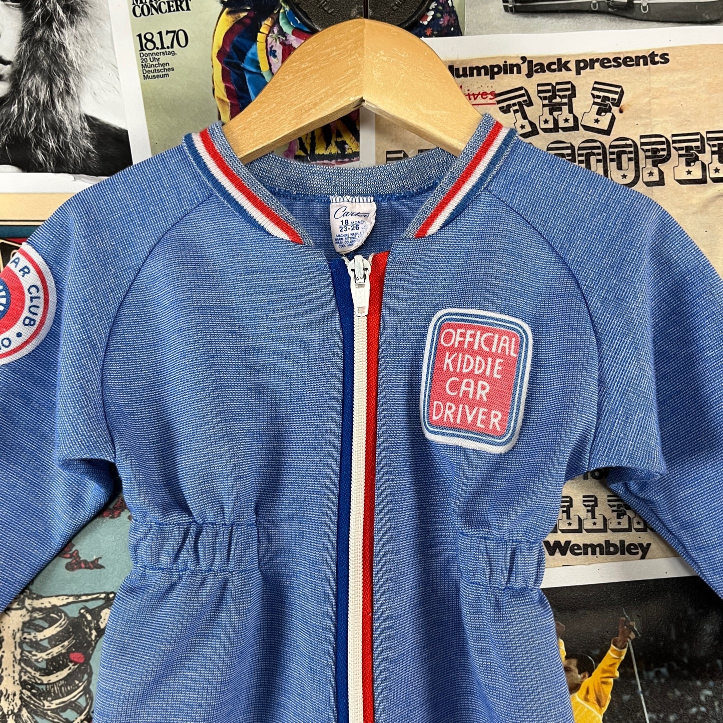 Vintage Baby Boy 70s Blue Official Kiddie Car Driver Striped Long Sleeve Carters Jumpsuit 12 Months