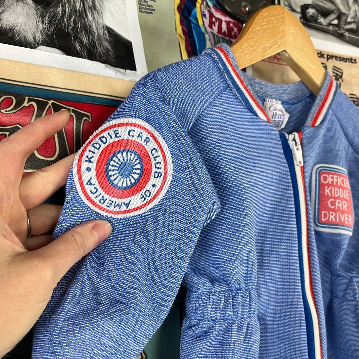 Vintage Baby Boy 70s Blue Official Kiddie Car Driver Striped Long Sleeve Carters Jumpsuit 12 Months