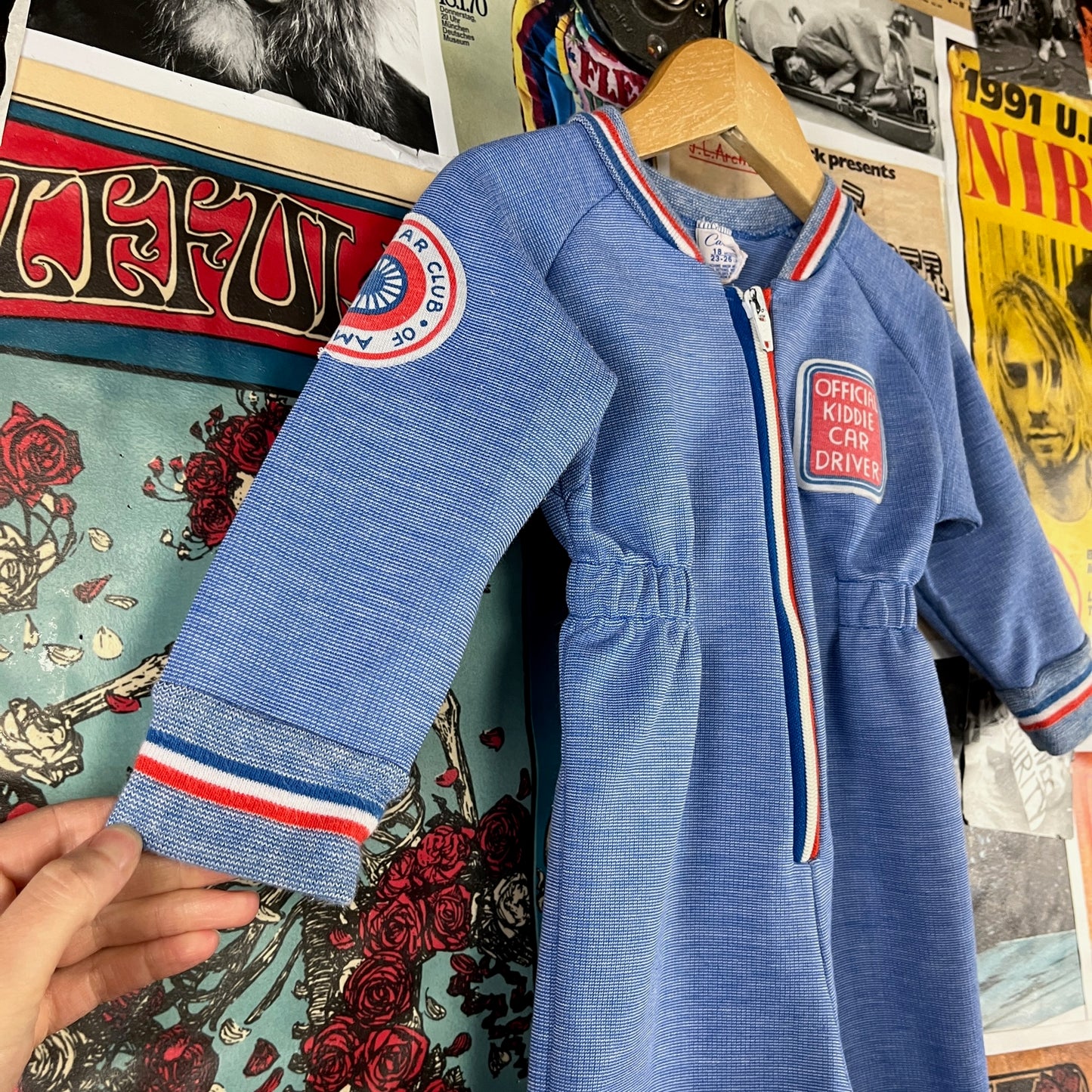 Vintage Baby Boy 70s Blue Official Kiddie Car Driver Striped Long Sleeve Carters Jumpsuit 12 Months