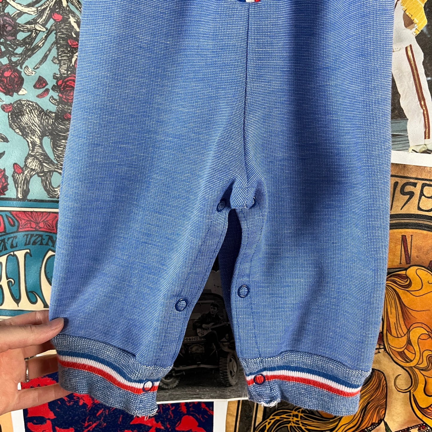 Vintage Baby Boy 70s Blue Official Kiddie Car Driver Striped Long Sleeve Carters Jumpsuit 12 Months