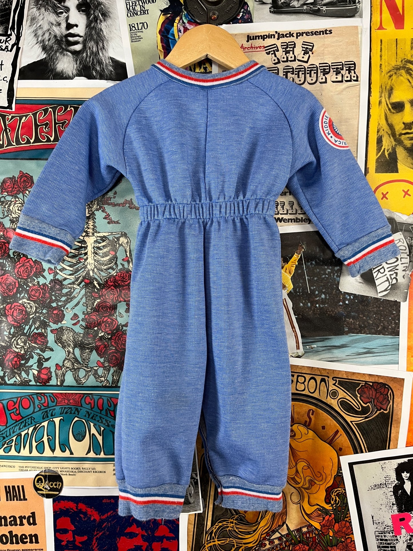 Vintage Baby Boy 70s Blue Official Kiddie Car Driver Striped Long Sleeve Carters Jumpsuit 12 Months
