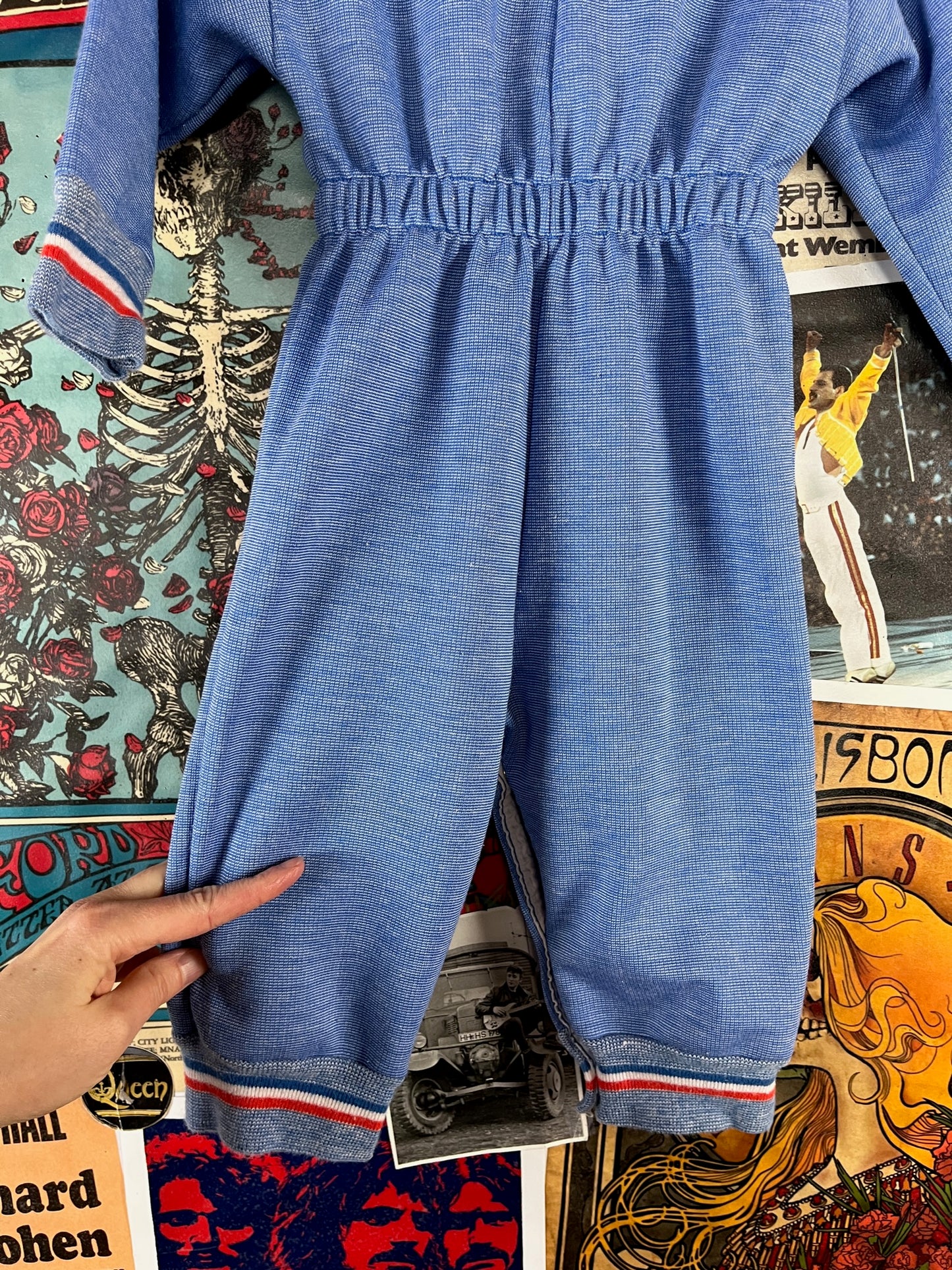 Vintage Baby Boy 70s Blue Official Kiddie Car Driver Striped Long Sleeve Carters Jumpsuit 12 Months