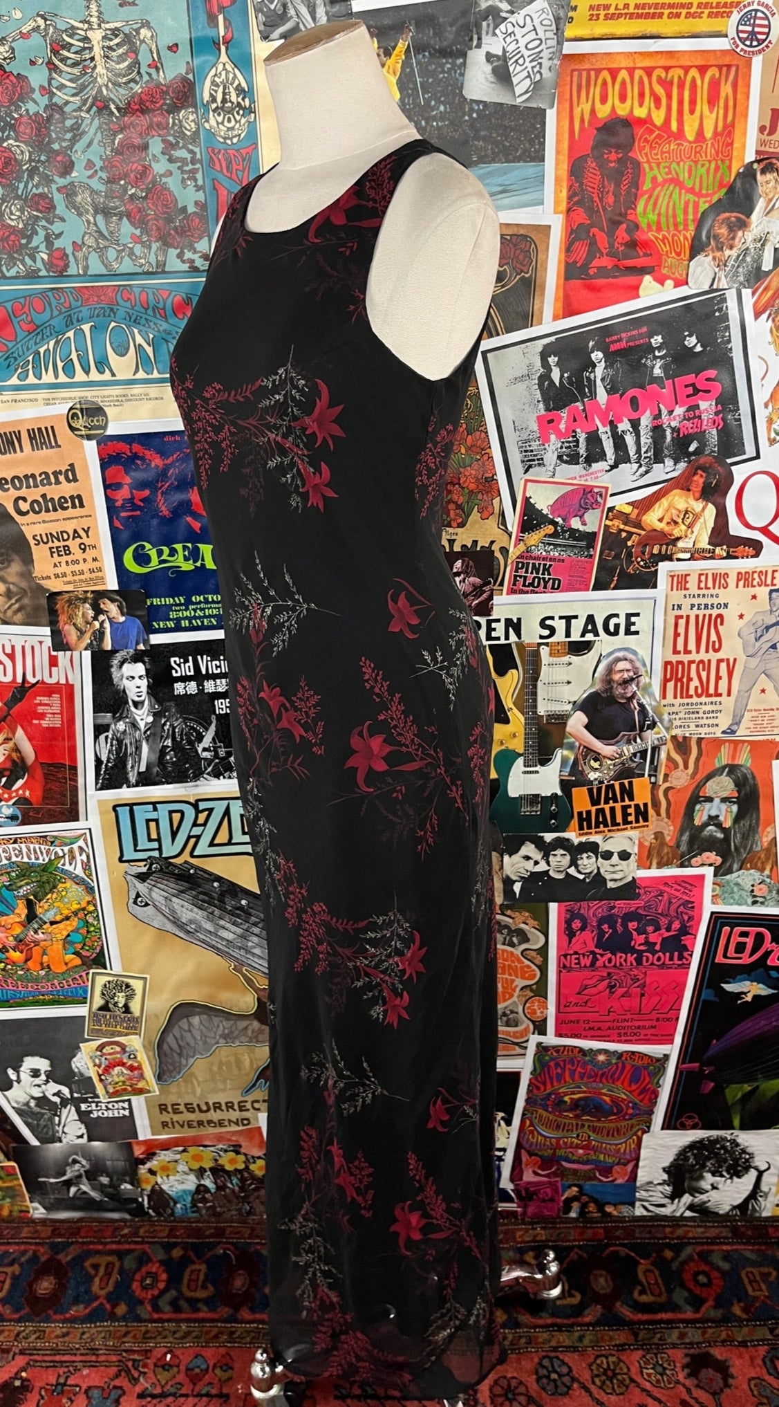 Vintage Women's 90s Black Red Gold Metallic Sparkle Botanical Floral Print Sleeveless All That Jazz Spandex Bodycon Maxi Party Dress XS