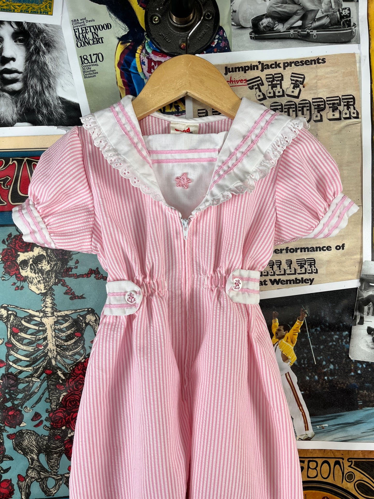 Vintage Toddler Girls 70s-80s Pink White Seersucker Sailor Collar Jumpsuit 18 Months
