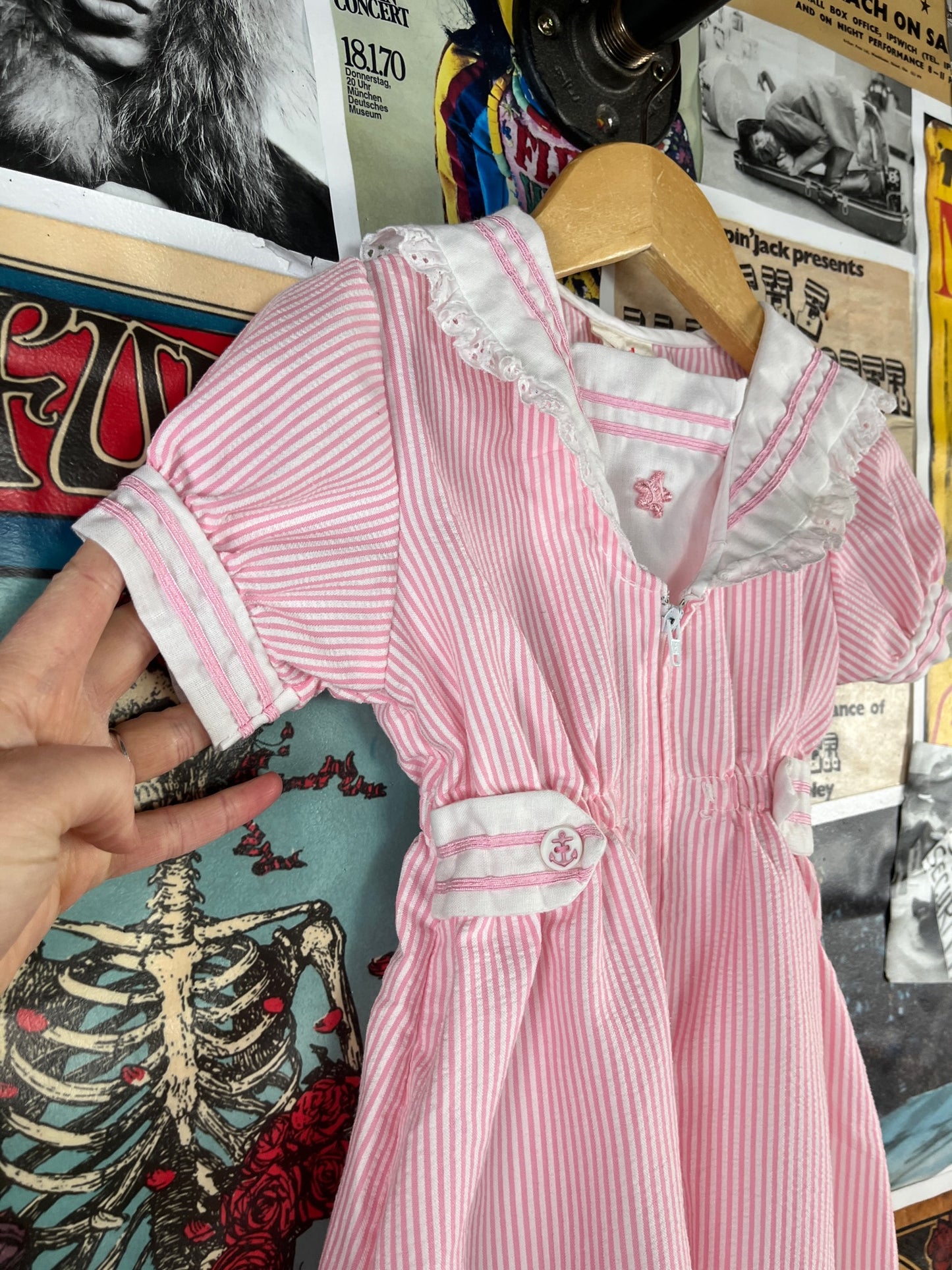 Vintage Toddler Girls 70s-80s Pink White Seersucker Sailor Collar Jumpsuit 18 Months