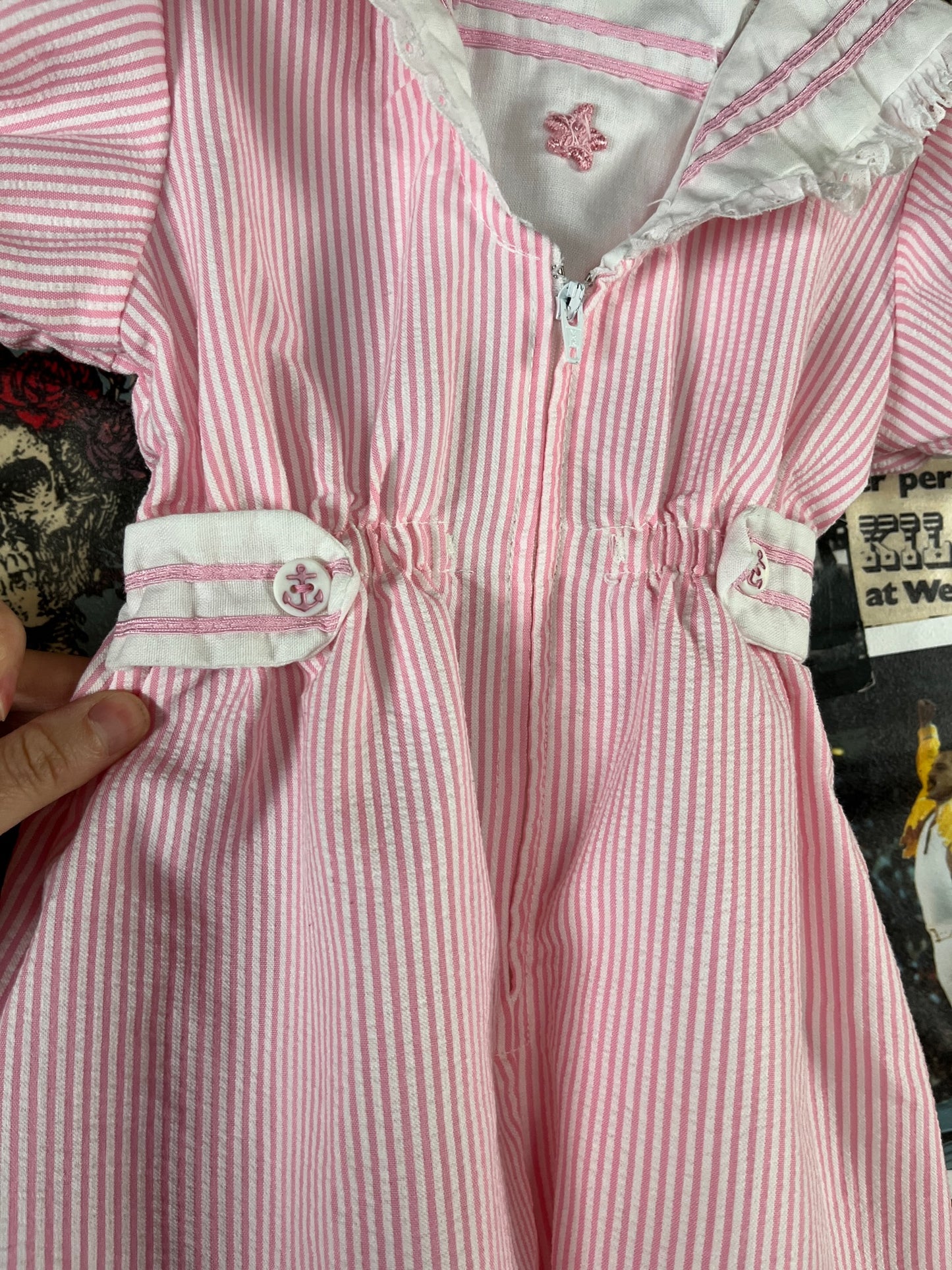 Vintage Toddler Girls 70s-80s Pink White Seersucker Sailor Collar Jumpsuit 18 Months