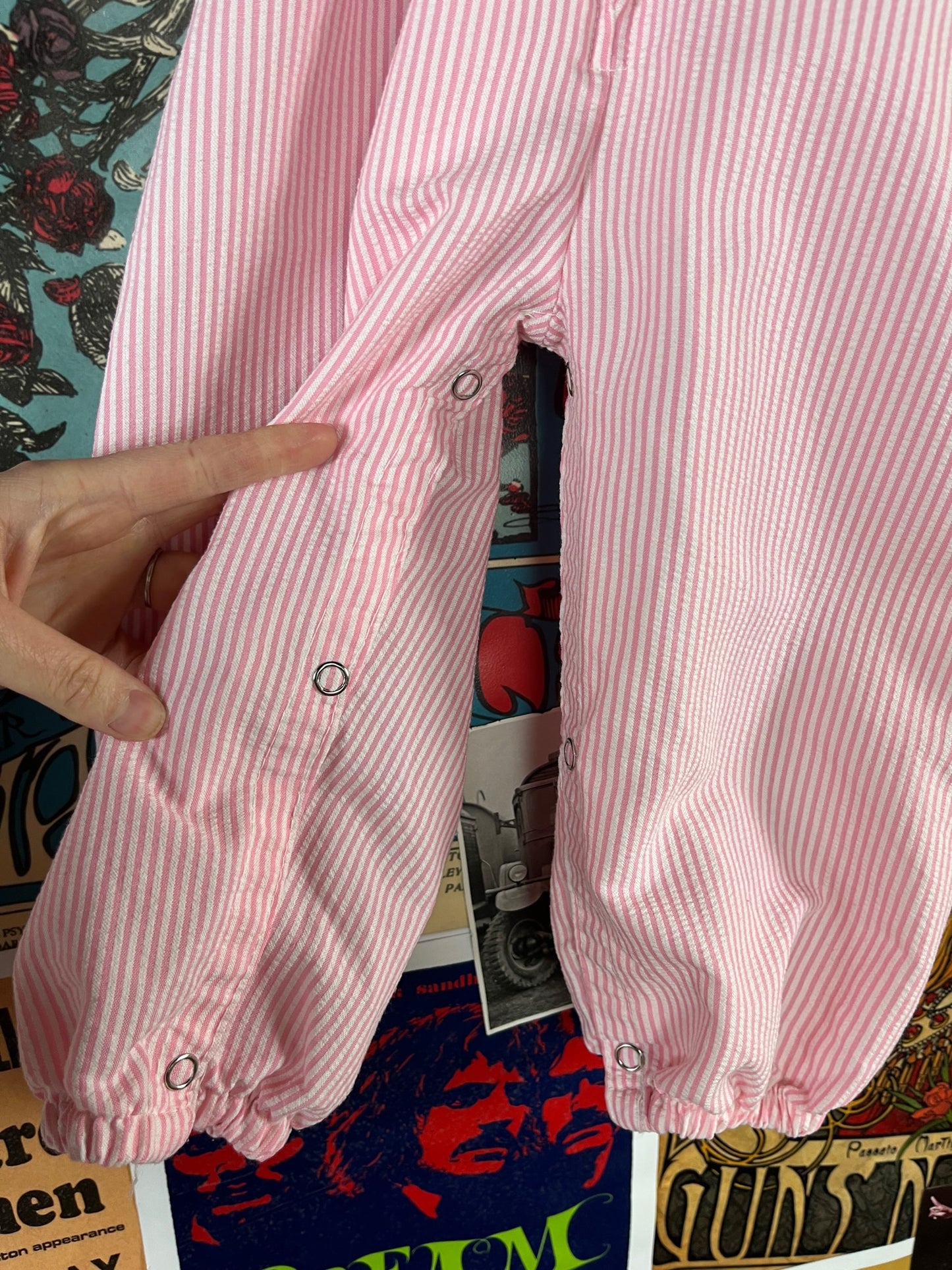 Vintage Toddler Girls 70s-80s Pink White Seersucker Sailor Collar Jumpsuit 18 Months