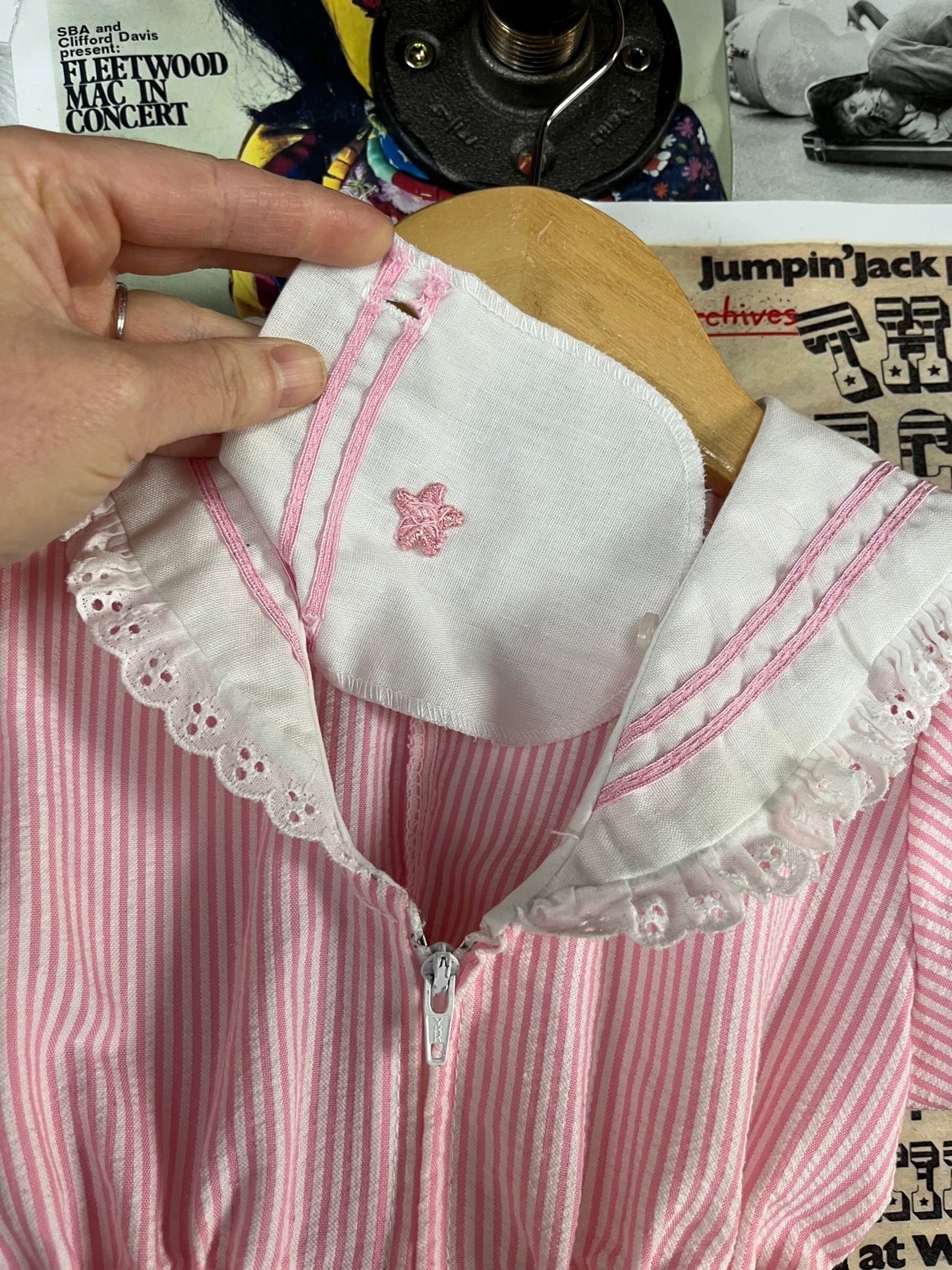 Vintage Toddler Girls 70s-80s Pink White Seersucker Sailor Collar Jumpsuit 18 Months