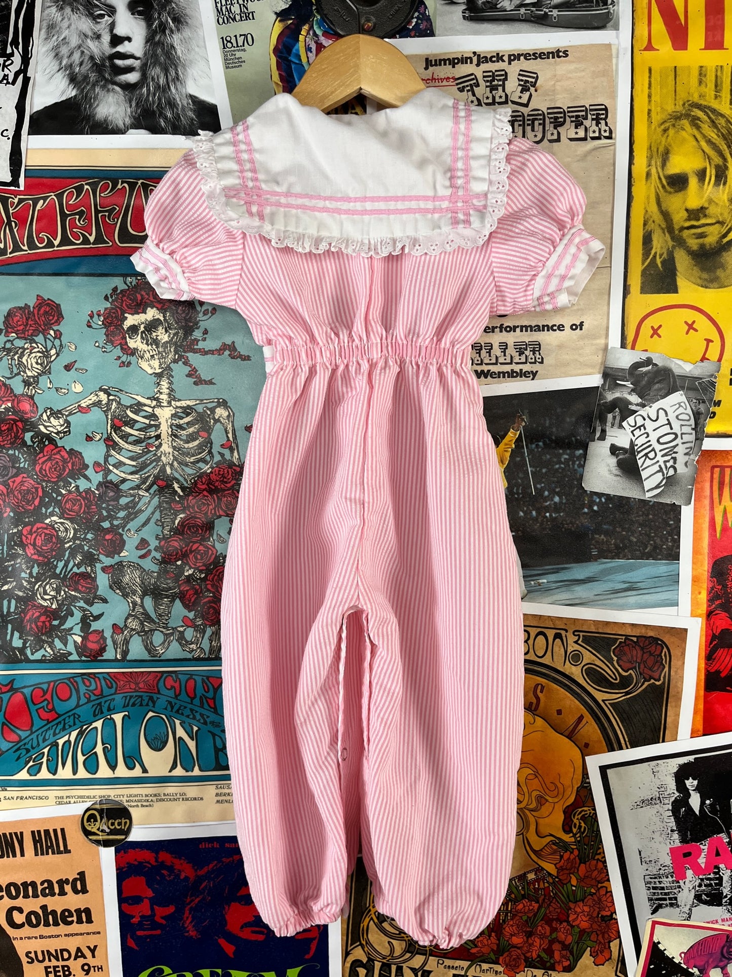 Vintage Toddler Girls 70s-80s Pink White Seersucker Sailor Collar Jumpsuit 18 Months