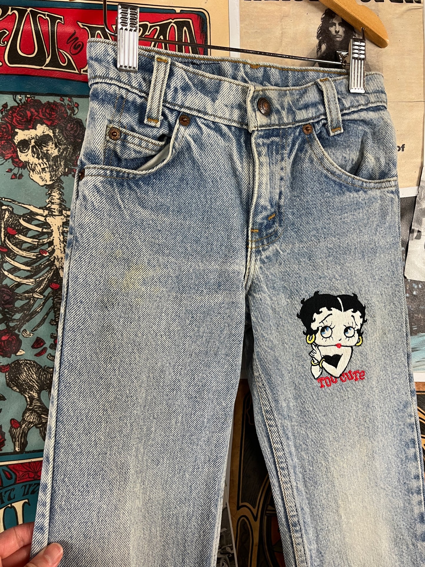 Vintage Kids 80s-90s Orange Tab Levi's Embroidered Betty Boop Denim Jeans 8 Slim