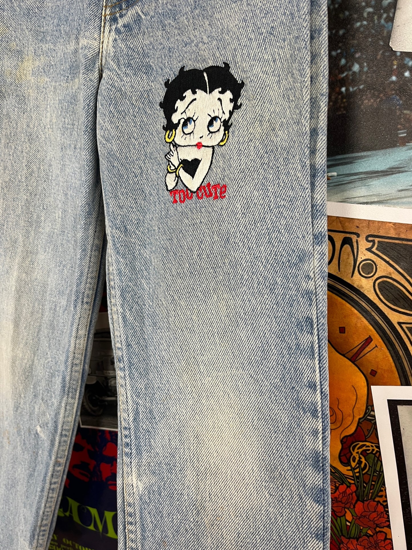 Vintage Kids 80s-90s Orange Tab Levi's Embroidered Betty Boop Denim Jeans 8 Slim