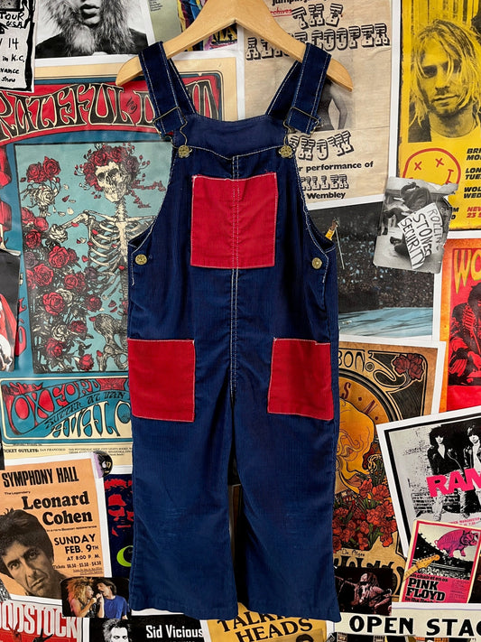 Vintage Toddler Kids 70s-80s Blue Red Color Block Health-tex Corduroy Overalls 4T