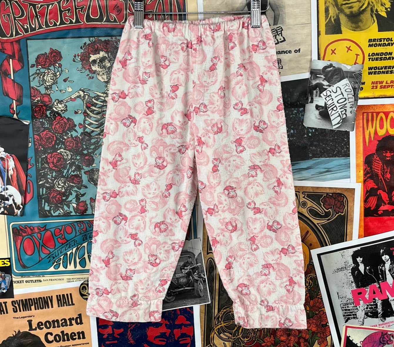 Vintage Girls Kids Retro 60s Pink White Kitty Cats Novelty All Over Print Elastic Waist Pajama Pant Size 6X-7