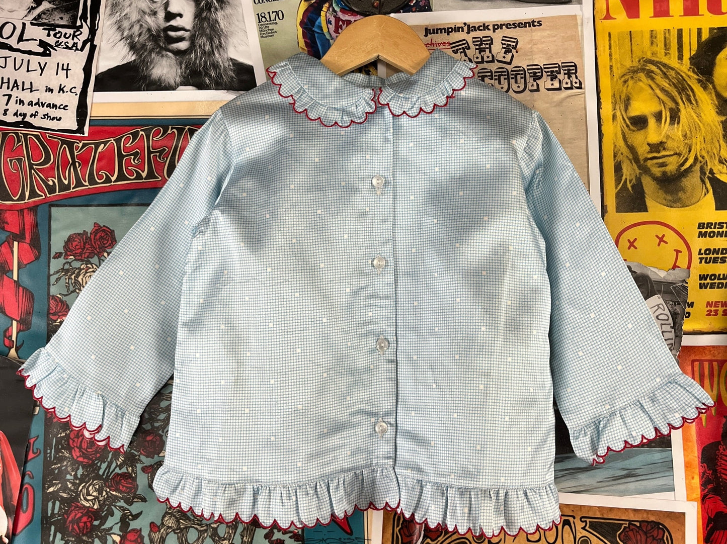 Vintage Girls Kids 70s-80s Light Blue Lingelor Ruffle Pajamas Set Ages 4-5
