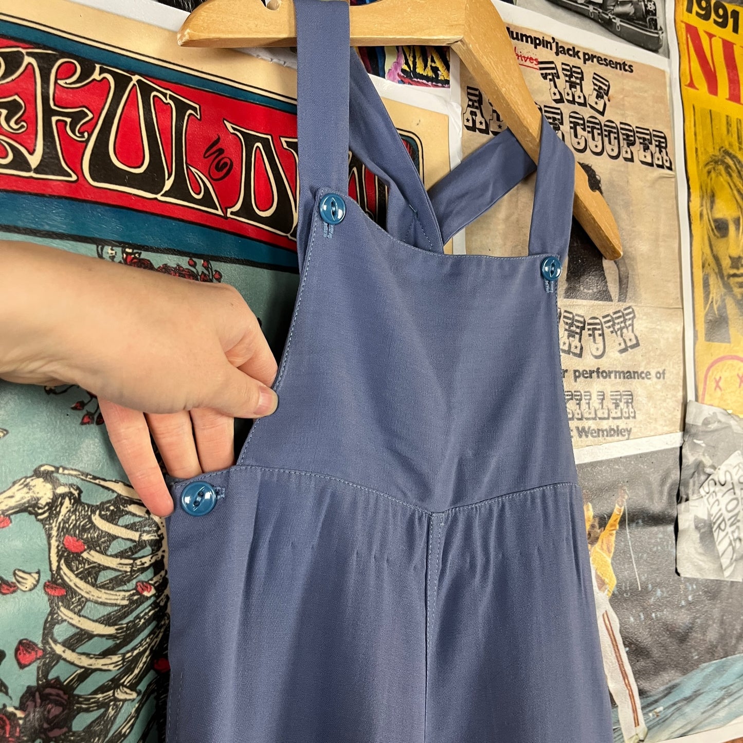 Vintage Toddler 50s-60s Periwinkle Blue Wide Leg Rayon Cat Eye Button Overall Jumpsuit 2T