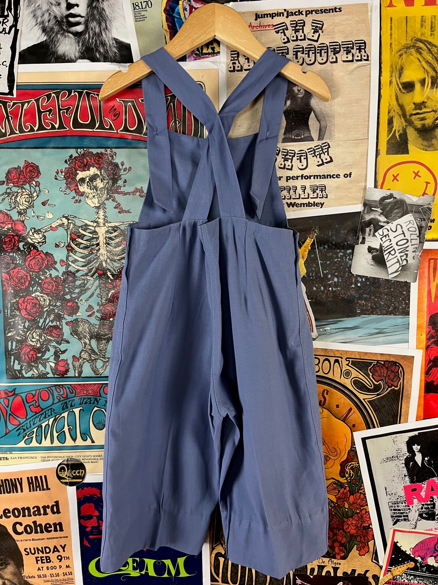 Vintage Toddler 50s-60s Periwinkle Blue Wide Leg Rayon Cat Eye Button Overall Jumpsuit 2T