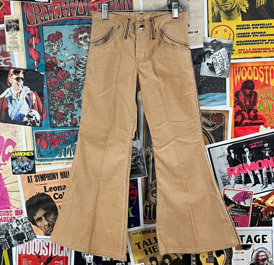 Vintage Girls Kids Retro 70s New Old Stock Khaki Tan Corduroy Wrangler Corduroy Jeans Bell Bottoms Flares Size 6X-7