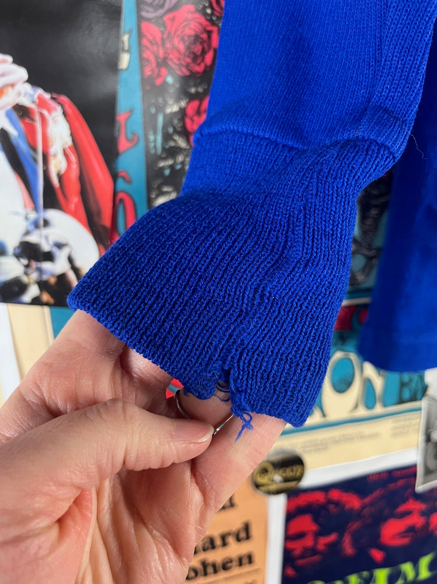 Vintage Kids 60s Blue V-Neck Letterman Cardigan Sweater Ages 6-7