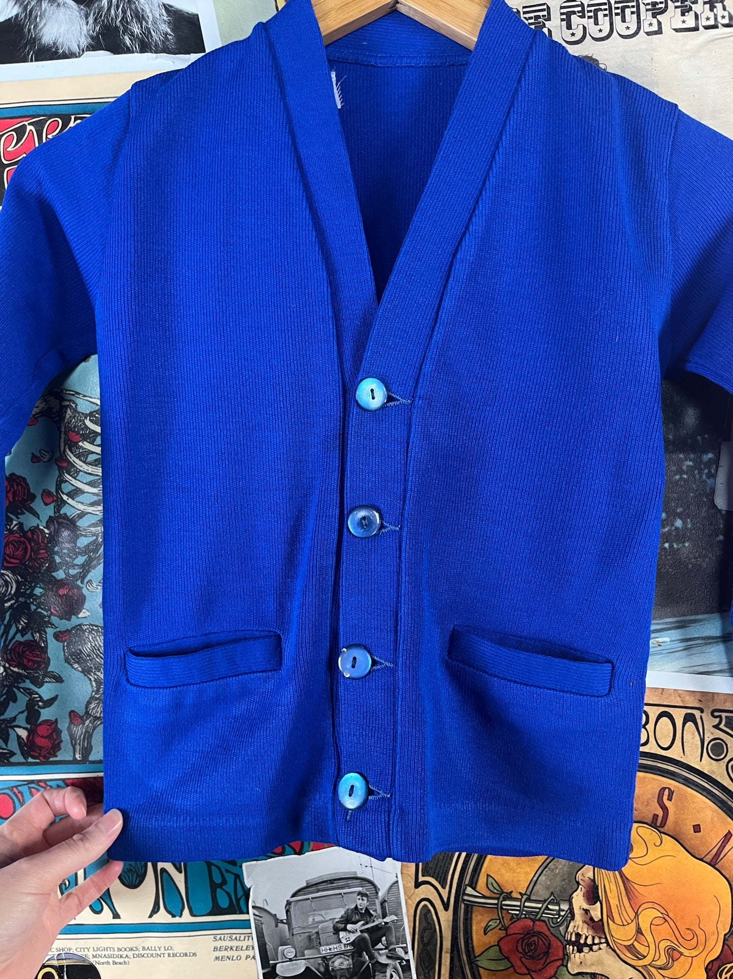 Vintage Kids 60s Blue V-Neck Letterman Cardigan Sweater Ages 6-7
