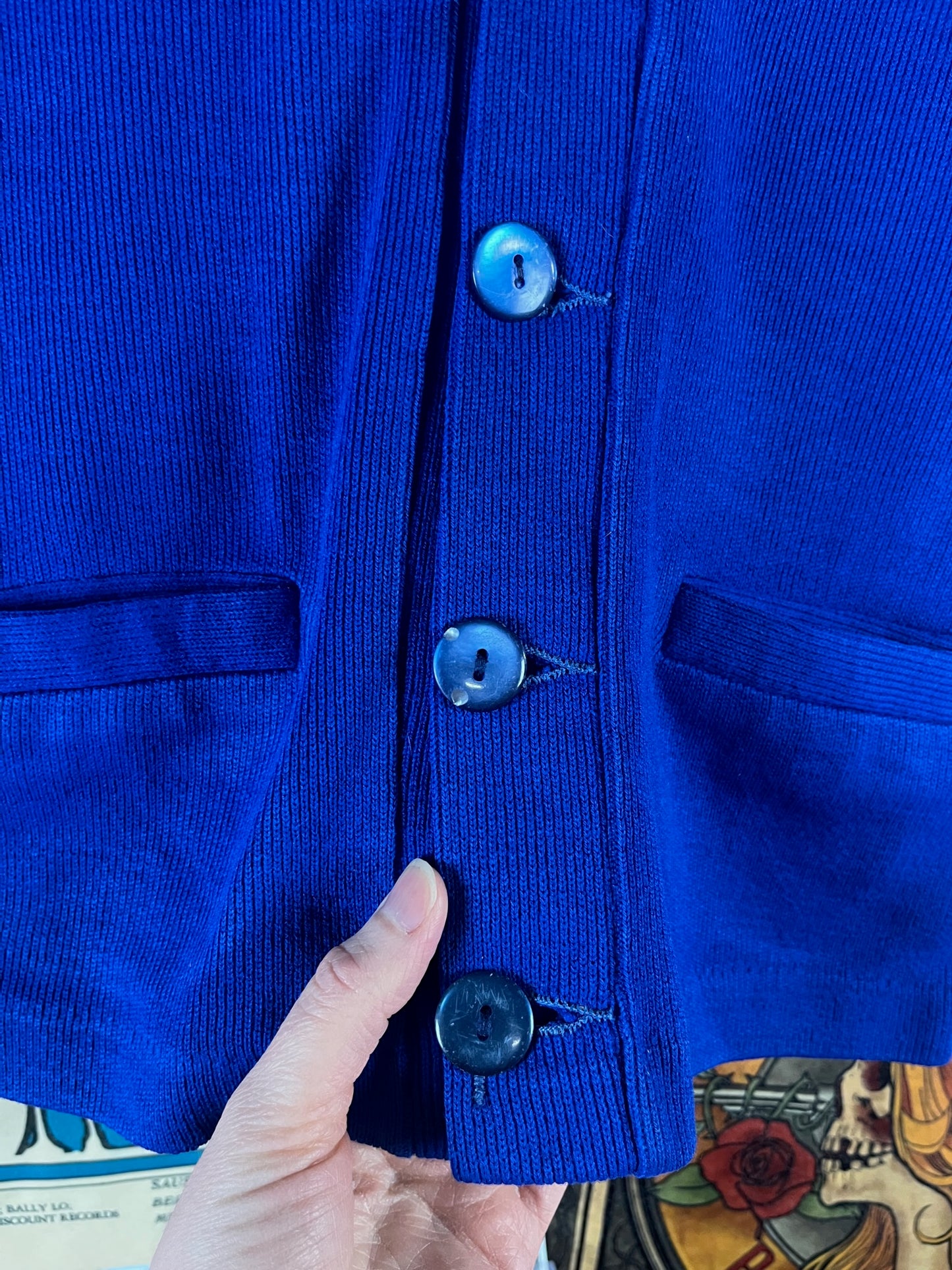 Vintage Kids 60s Blue V-Neck Letterman Cardigan Sweater Ages 6-7