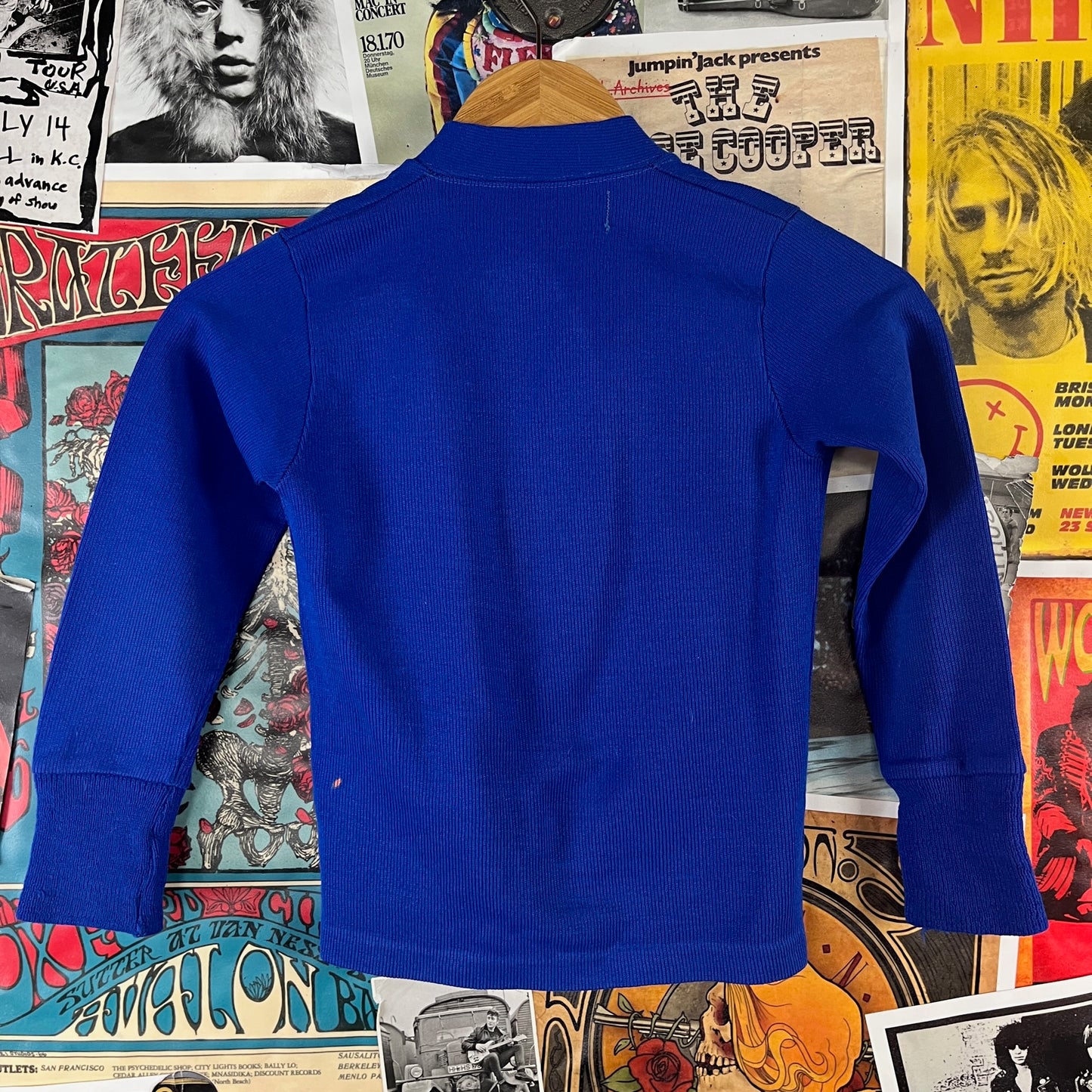 Vintage Kids 60s Blue V-Neck Letterman Cardigan Sweater Ages 6-7