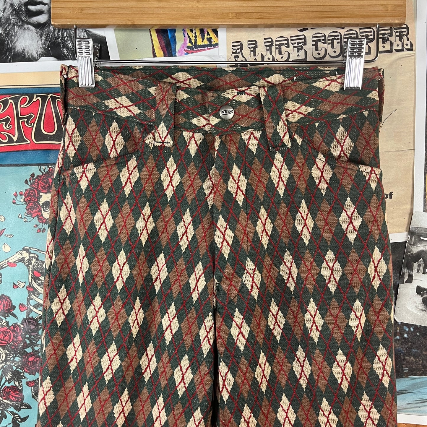 Vintage Boys 1960s-70s Green Argyle Diamond Print Knit Mann Flares Pants