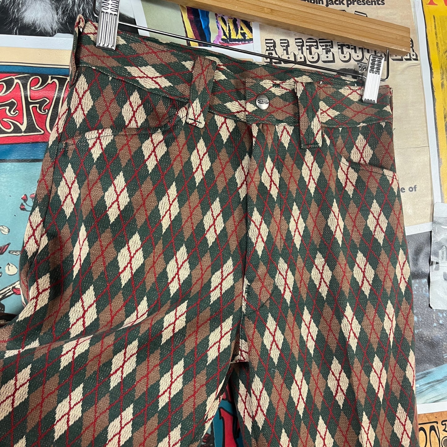 Vintage Boys 1960s-70s Green Argyle Diamond Print Knit Mann Flares Pants