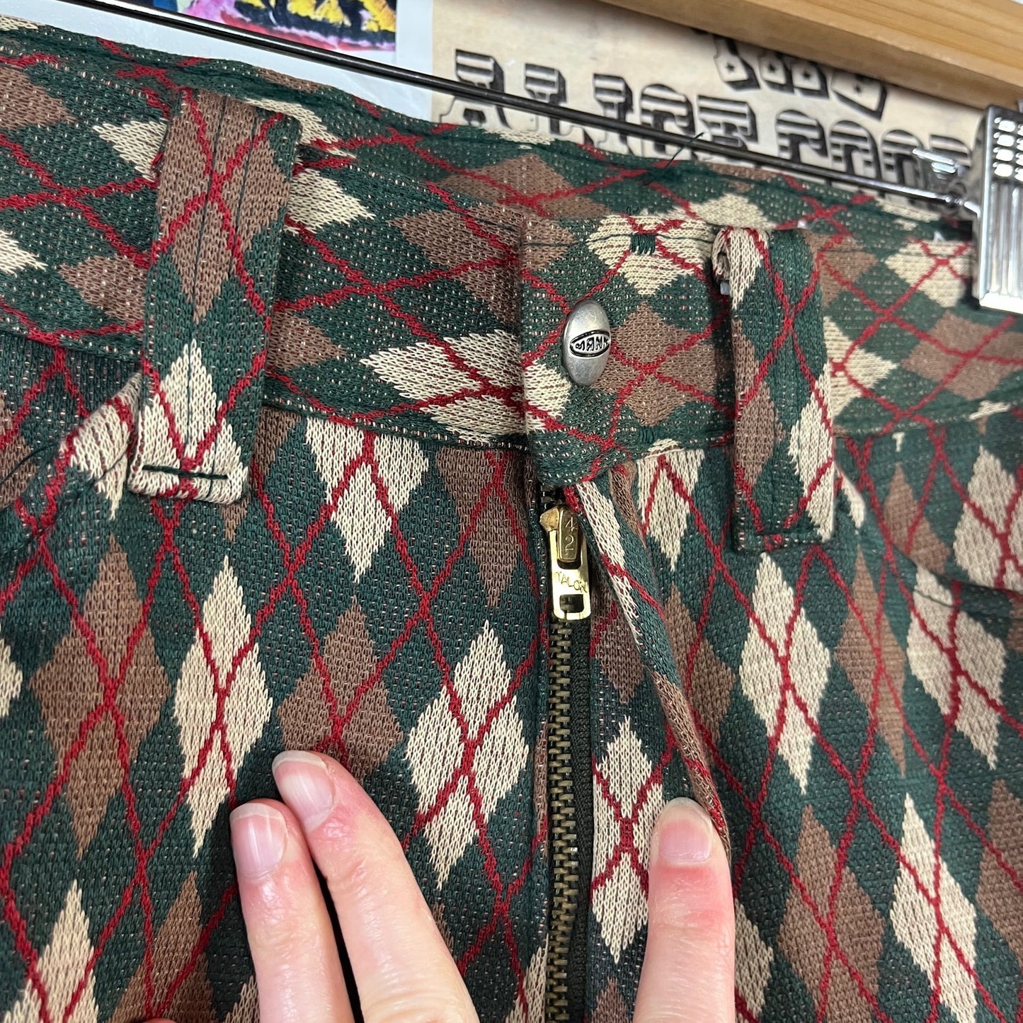 Vintage Boys 1960s-70s Green Argyle Diamond Print Knit Mann Flares Pants