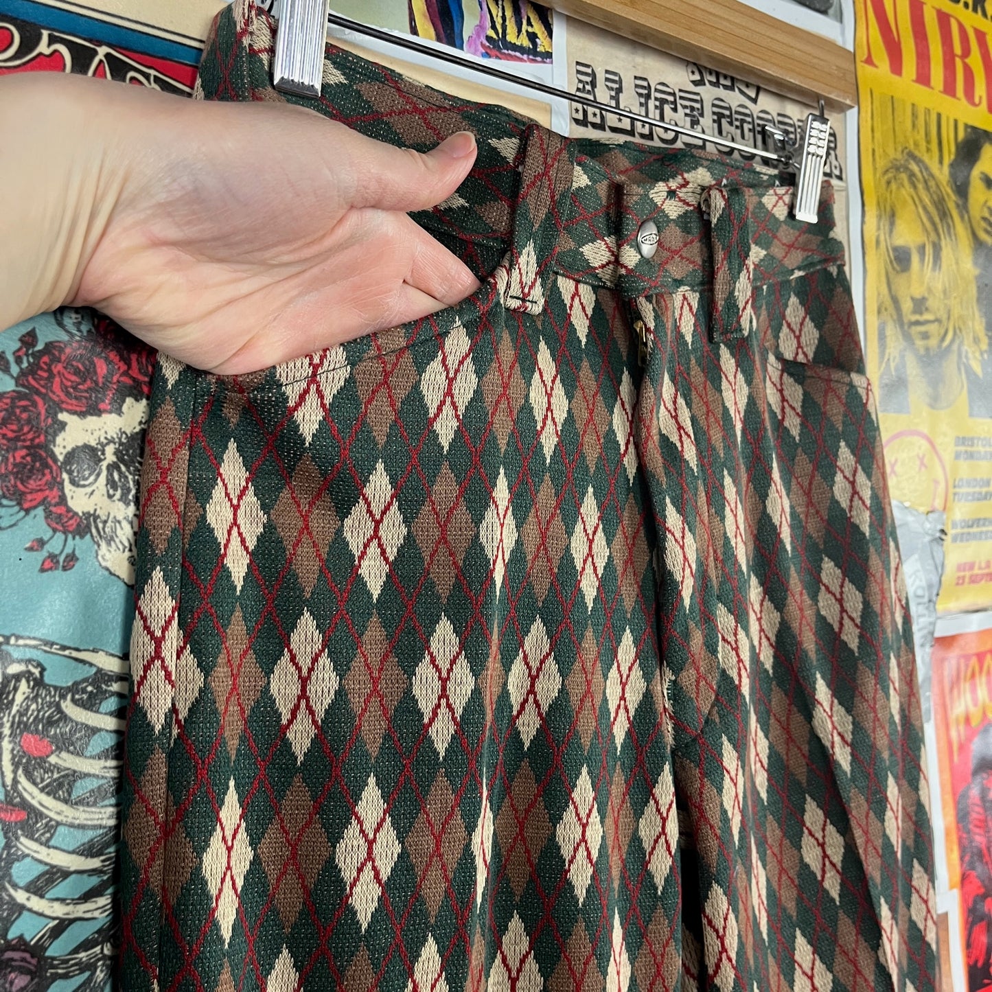 Vintage Boys 1960s-70s Green Argyle Diamond Print Knit Mann Flares Pants