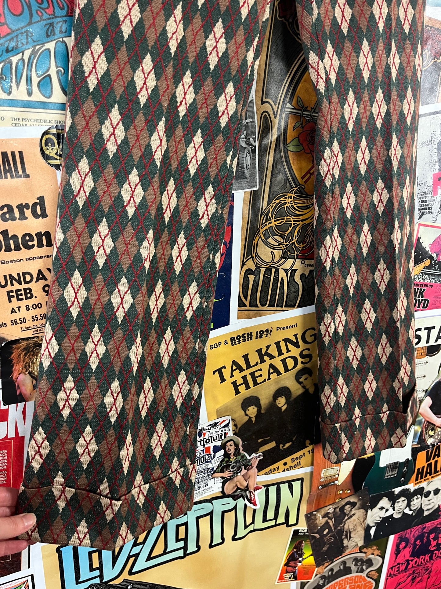 Vintage Boys 1960s-70s Green Argyle Diamond Print Knit Mann Flares Pants