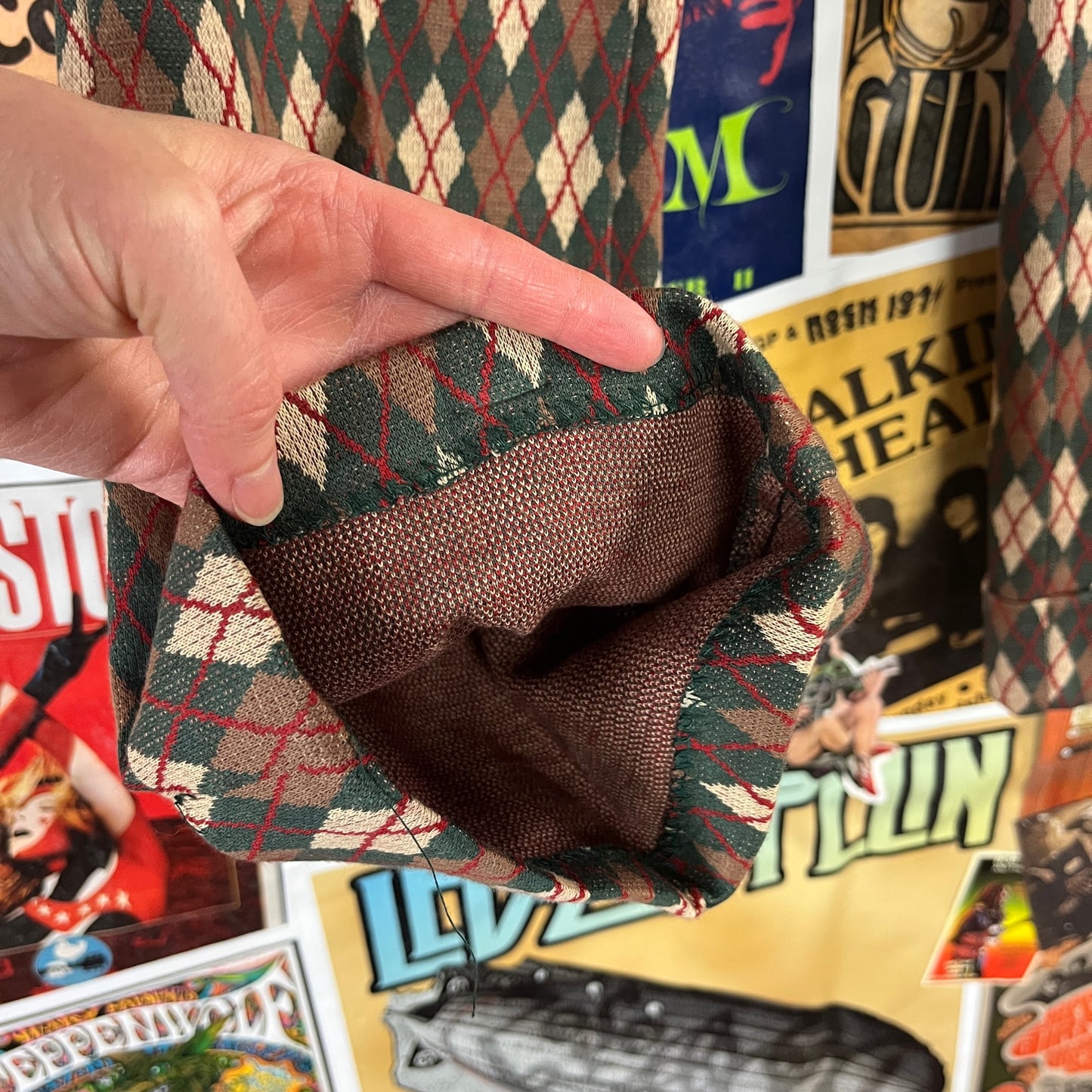 Vintage Boys 1960s-70s Green Argyle Diamond Print Knit Mann Flares Pants