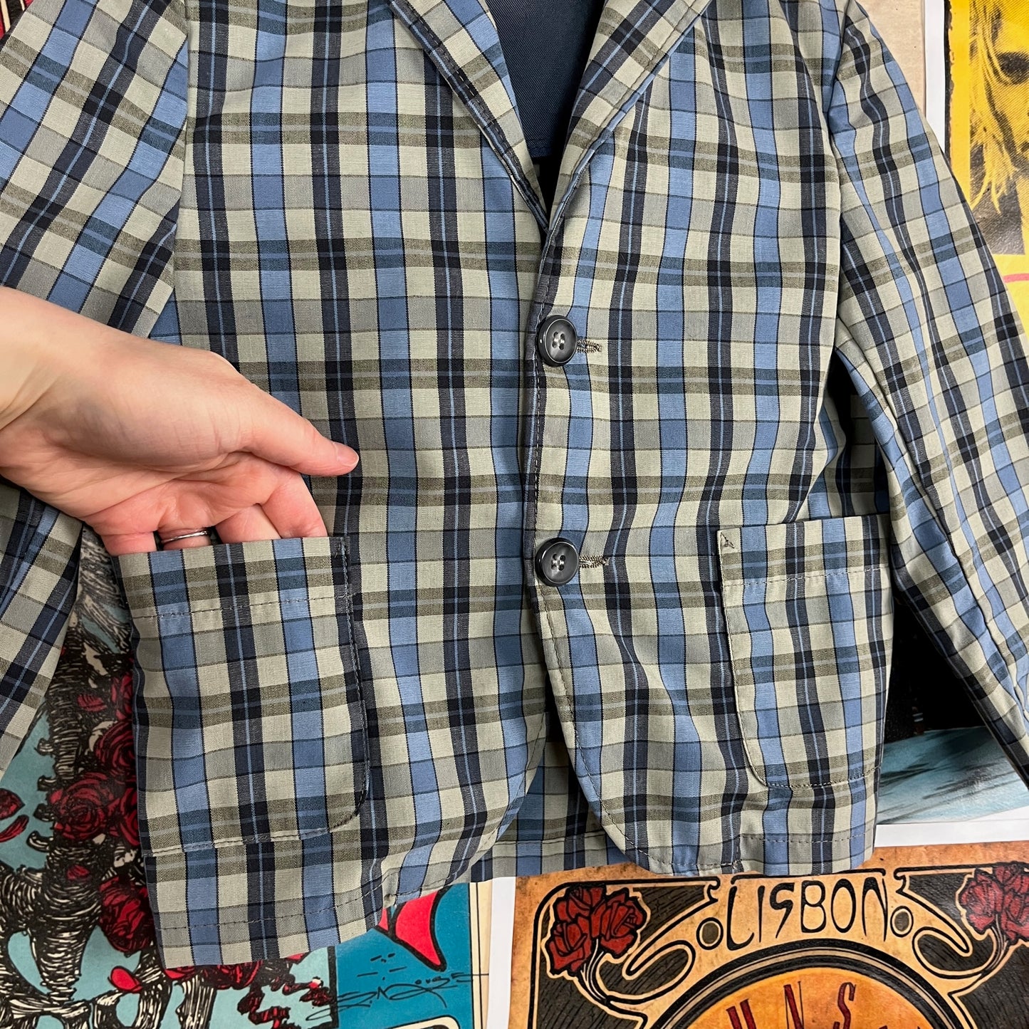 Vintage Toddler Boys Kids 1960s Taupe Blue Plaid Print Barry Boy Single Breasted Blazer Jacket 4T USA
