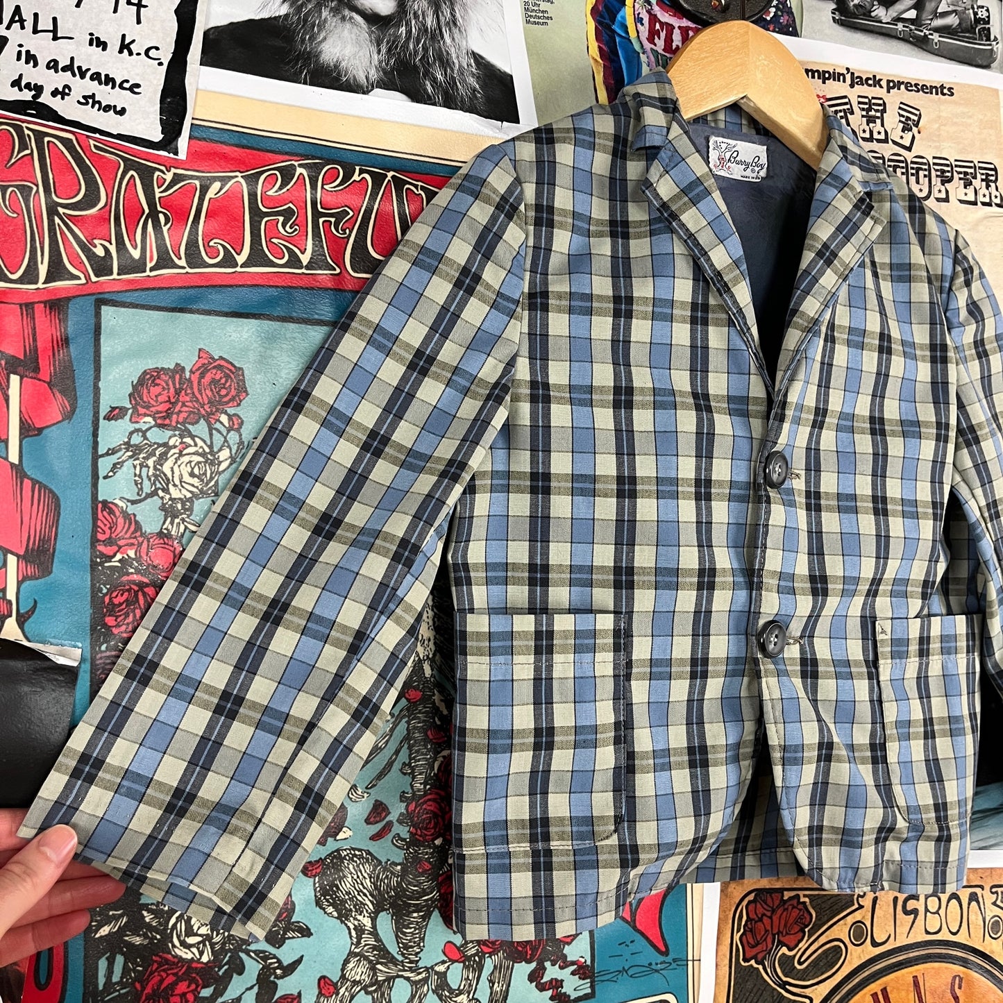 Vintage Toddler Boys Kids 1960s Taupe Blue Plaid Print Barry Boy Single Breasted Blazer Jacket 4T USA
