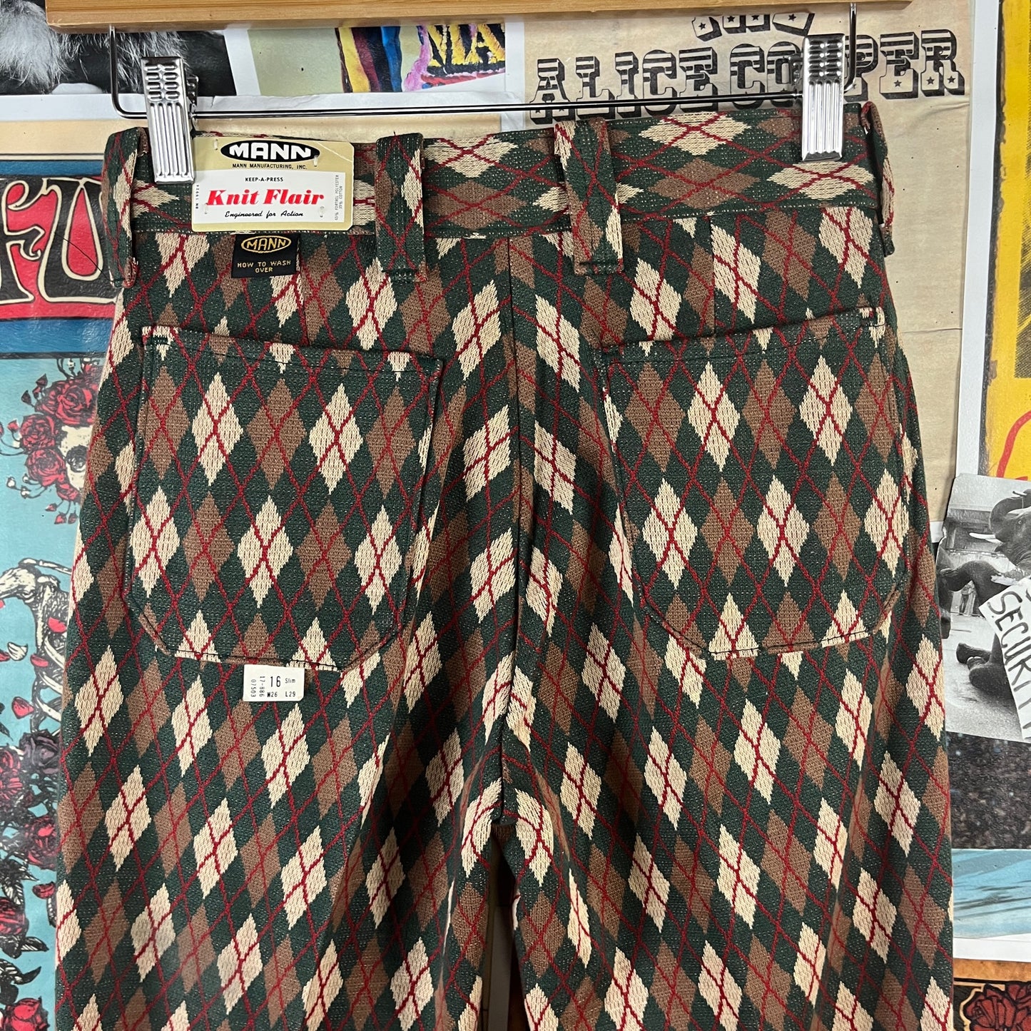Vintage Boys 1960s-70s Green Argyle Diamond Print Knit Mann Flares Pants