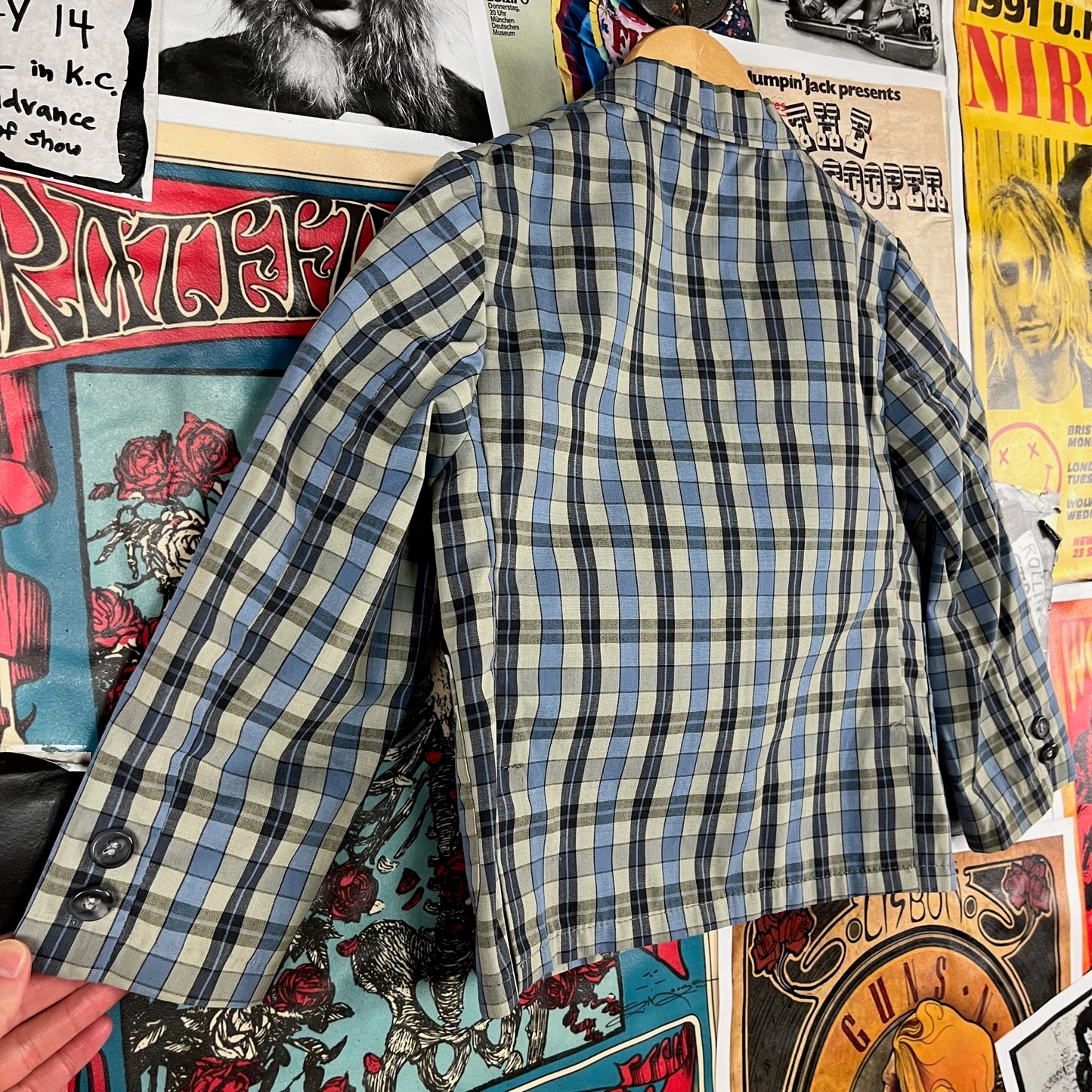 Vintage Toddler Boys Kids 1960s Taupe Blue Plaid Print Barry Boy Single Breasted Blazer Jacket 4T USA