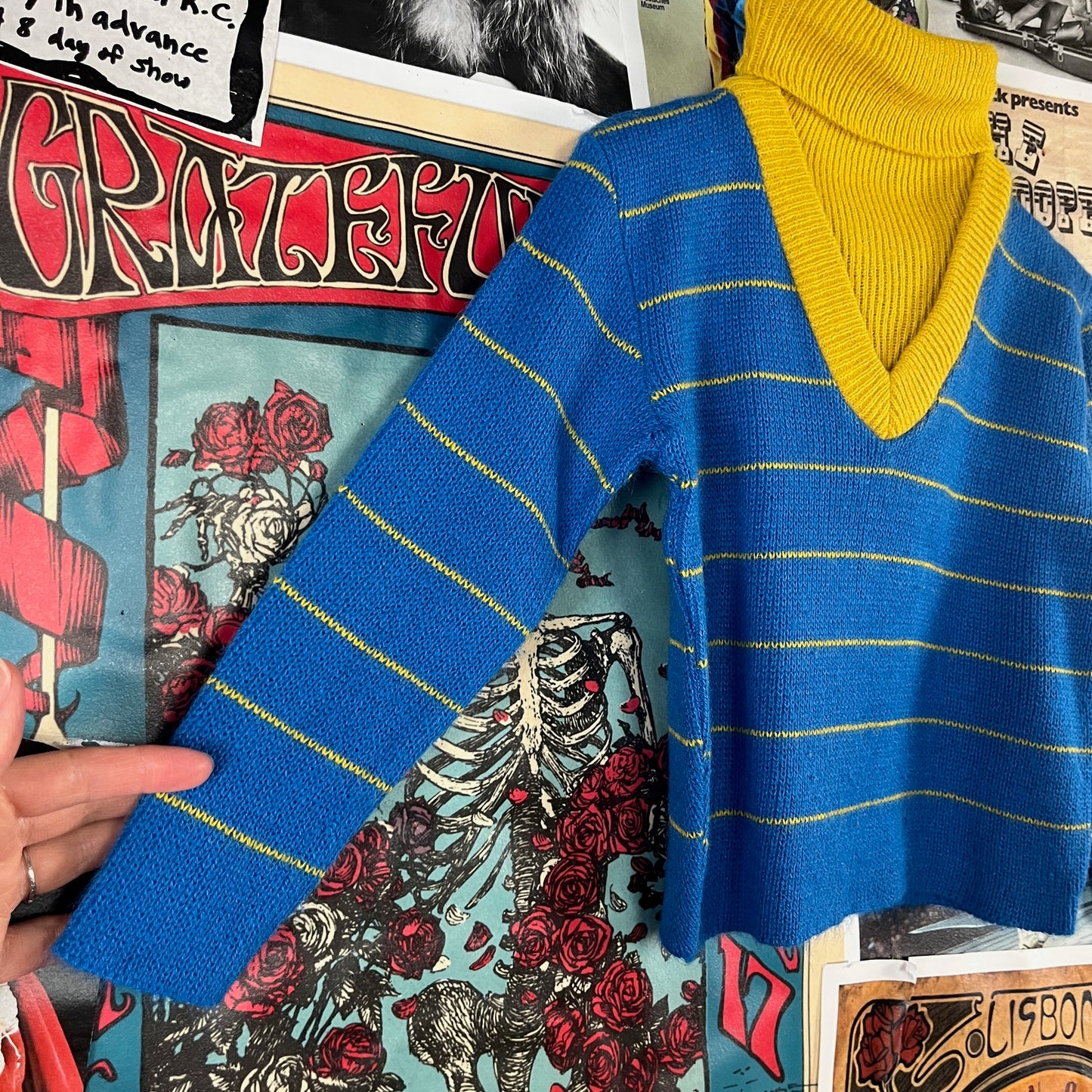 Vintage Boys 60s Blue Yellow Striped Knit Dickie Turtleneck Sweater Top 3T