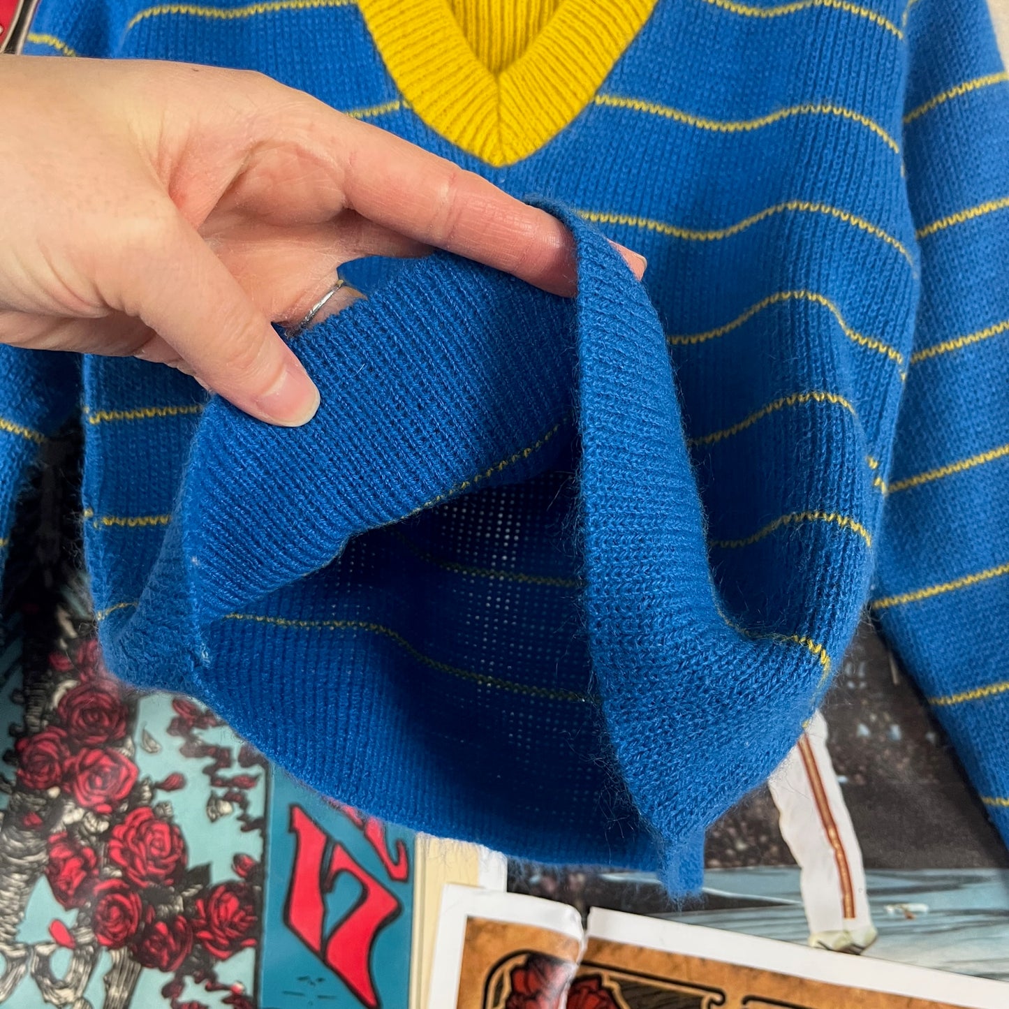 Vintage Boys 60s Blue Yellow Striped Knit Dickie Turtleneck Sweater Top 3T