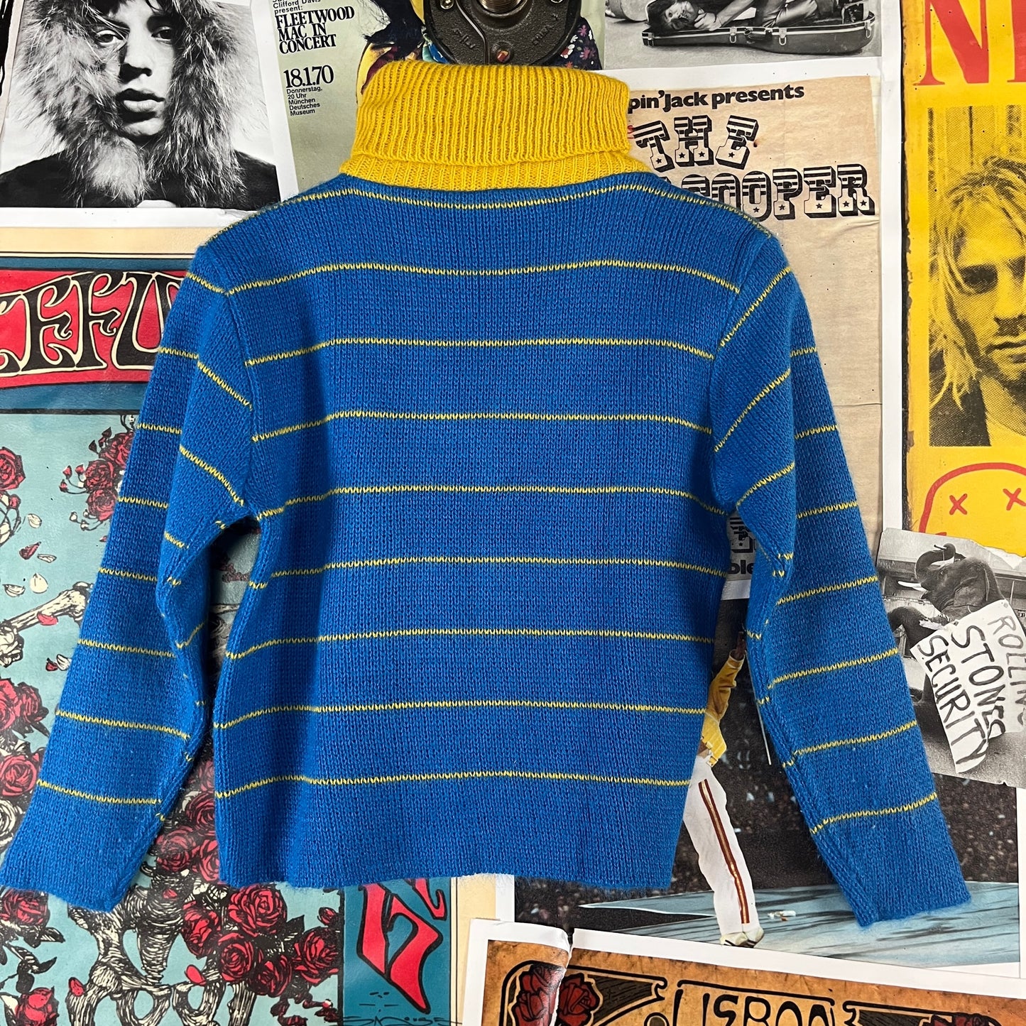 Vintage Boys 60s Blue Yellow Striped Knit Dickie Turtleneck Sweater Top 3T