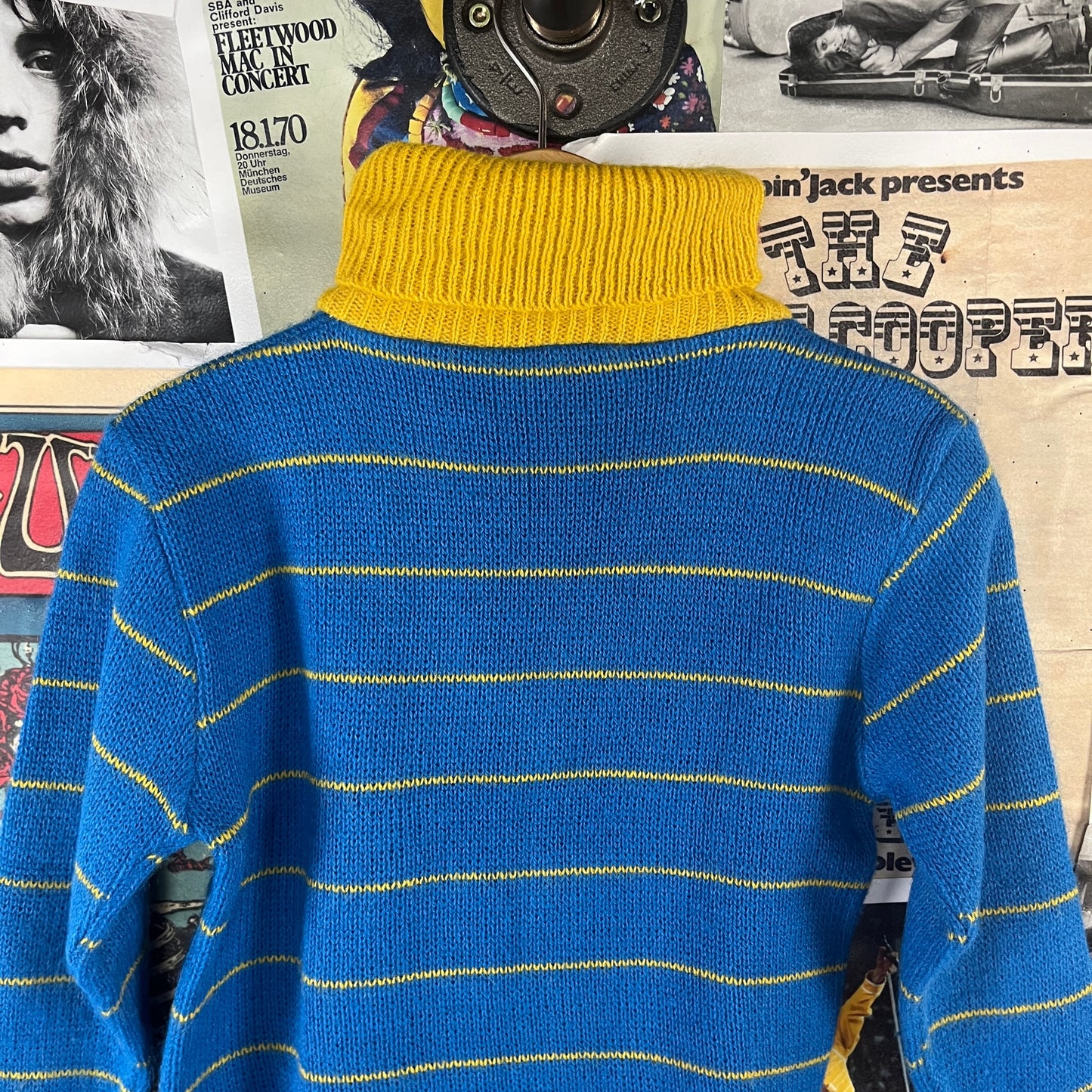 Vintage Boys 60s Blue Yellow Striped Knit Dickie Turtleneck Sweater Top 3T