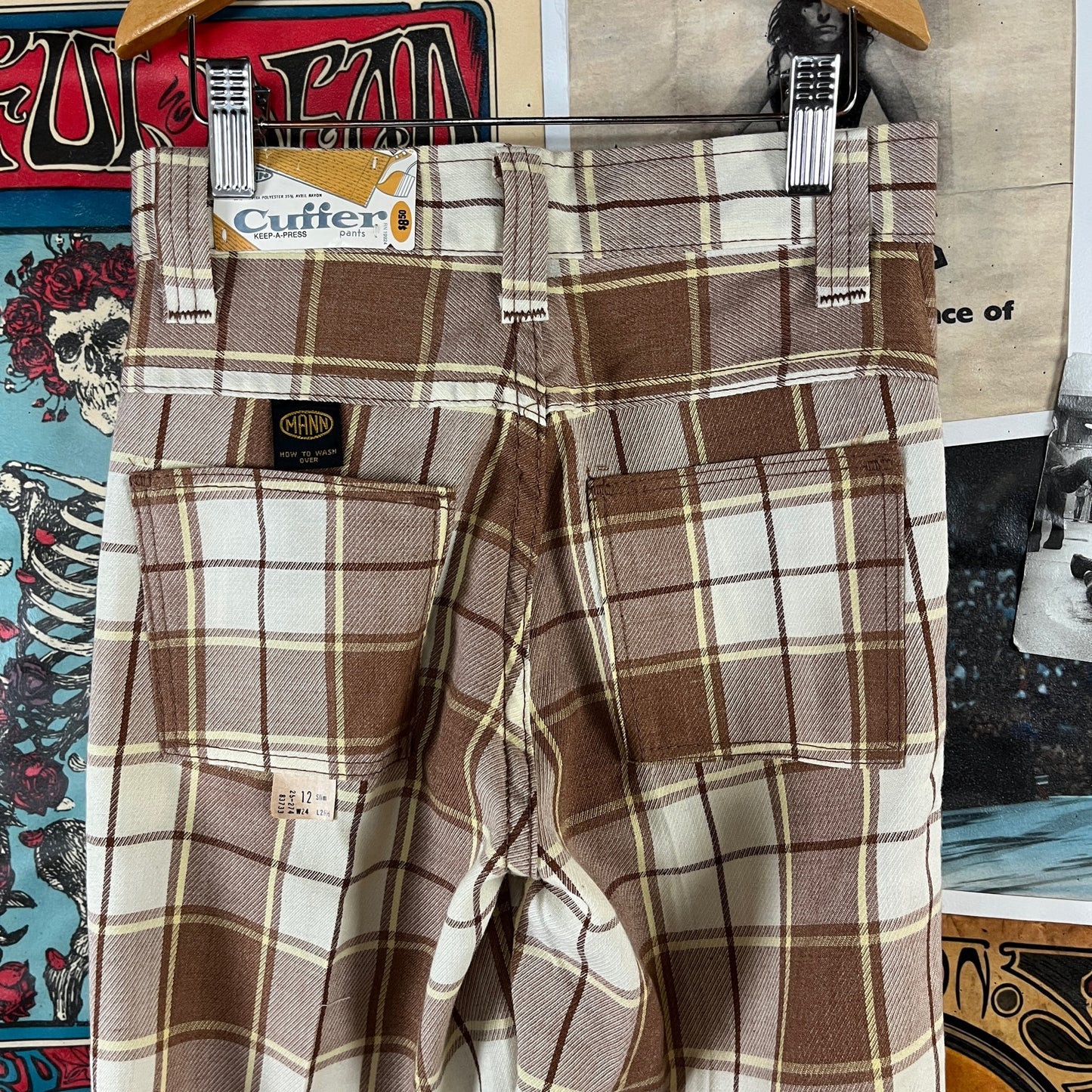 Vintage Kids 70s Brown Plaid Mann Cuffer Trouser Pants Size 12 Slim Age 9