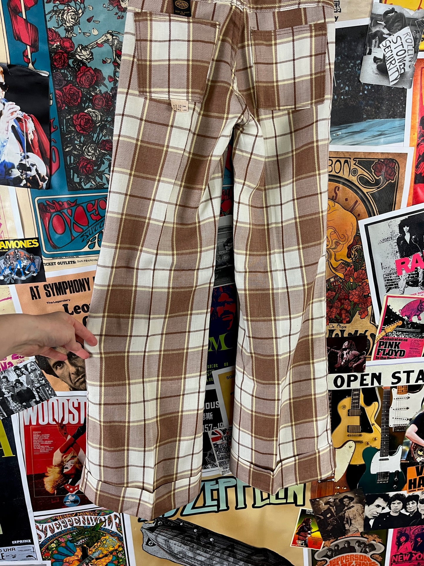 Vintage Kids 70s Brown Plaid Mann Cuffer Trouser Pants Size 12 Slim Age 9