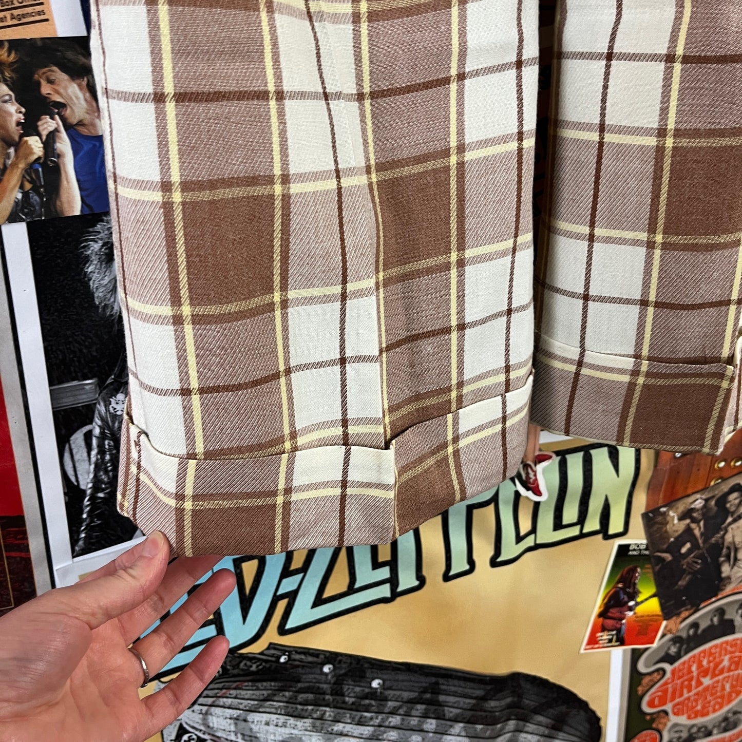 Vintage Kids 70s Brown Plaid Mann Cuffer Trouser Pants Size 12 Slim Age 9