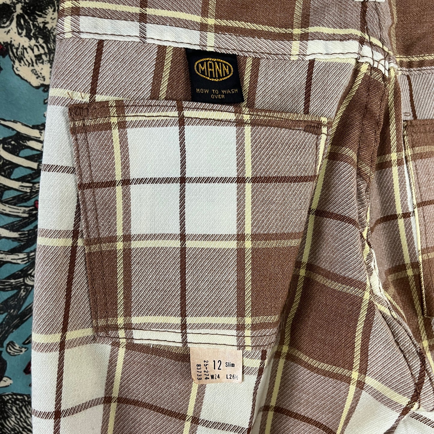 Vintage Kids 70s Brown Plaid Mann Cuffer Trouser Pants Size 12 Slim Age 9